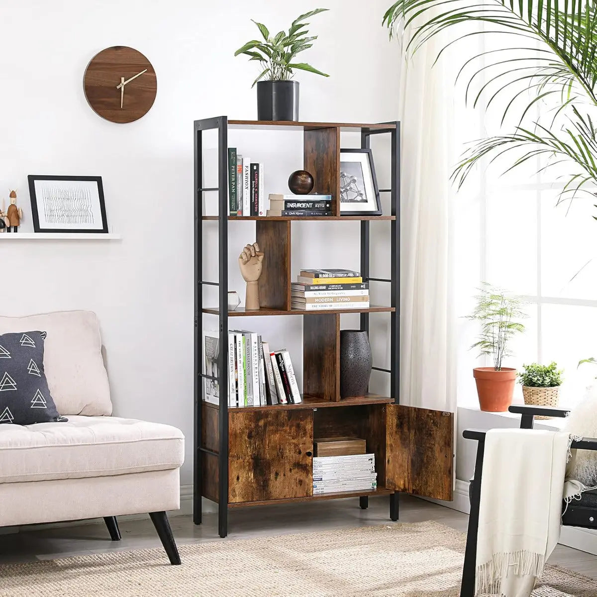 Bücherregal mit Türen Industrie-Design mit Stahlgestell Vintagebraun von Songmics