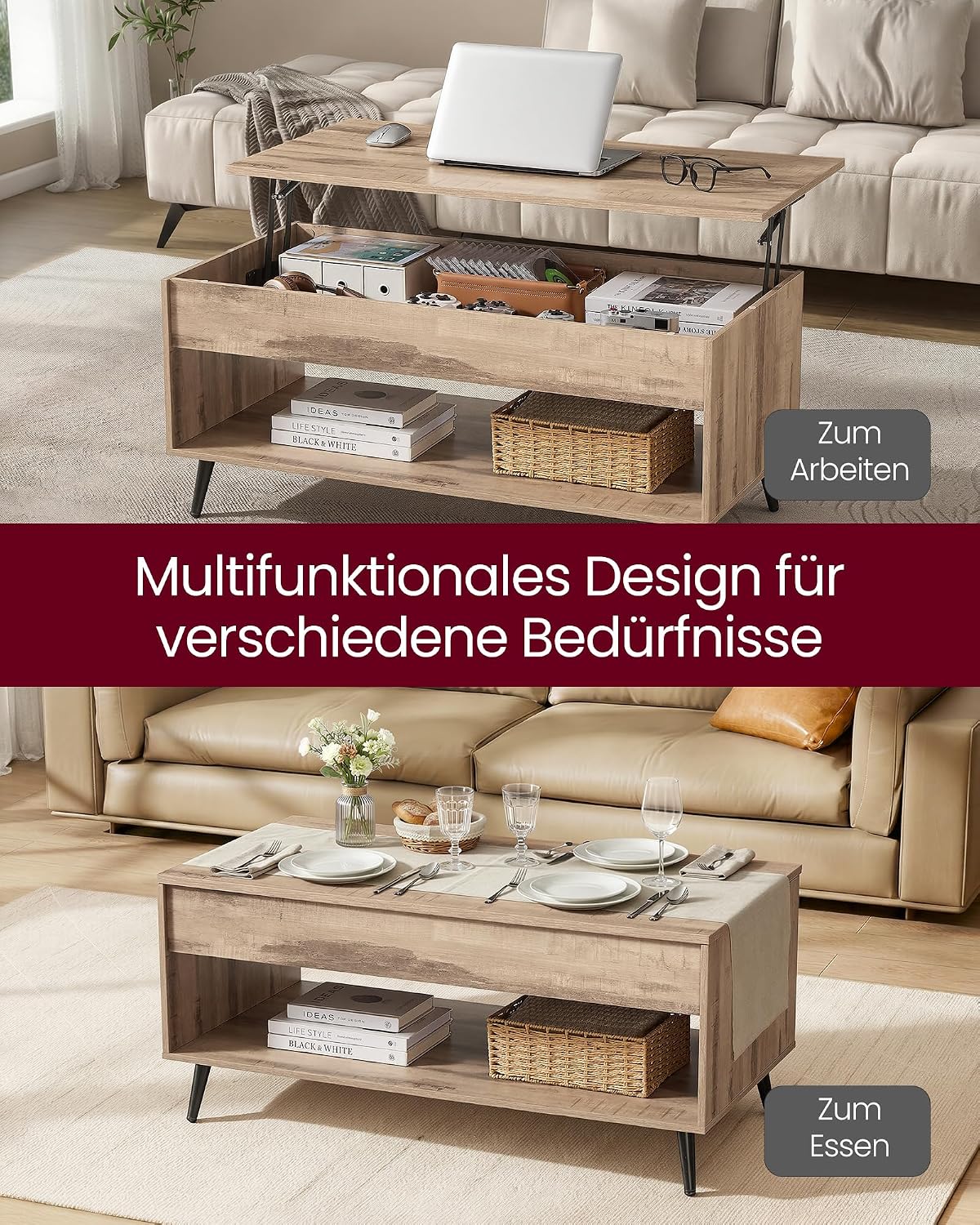Couchtisch Lift-Top höhenverstellbar Kamelbraun 100x50x45 cm von Songmics