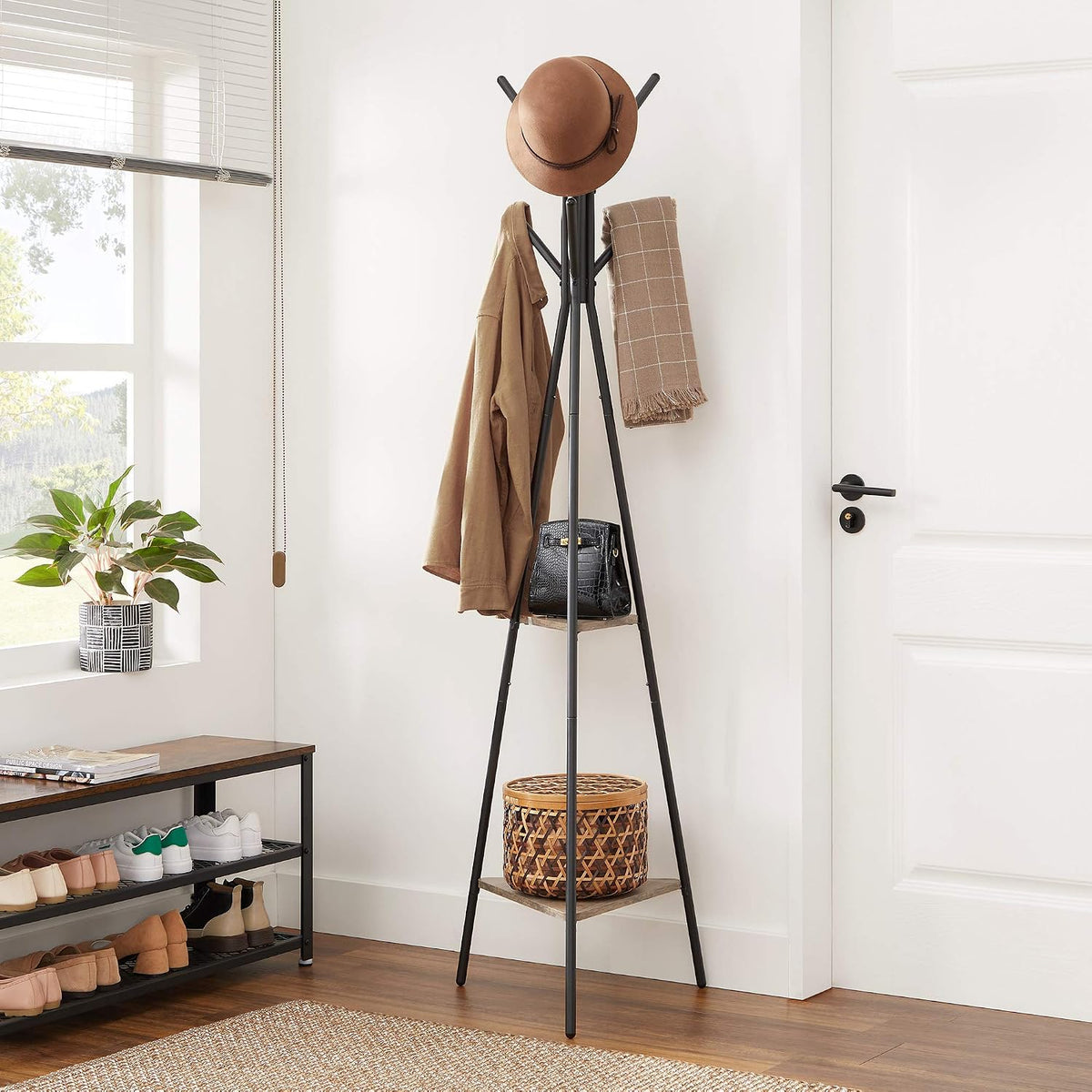 Garderobenständer 6 Haken 2 Ablagen 180 cm Schwarz Greige von Songmics