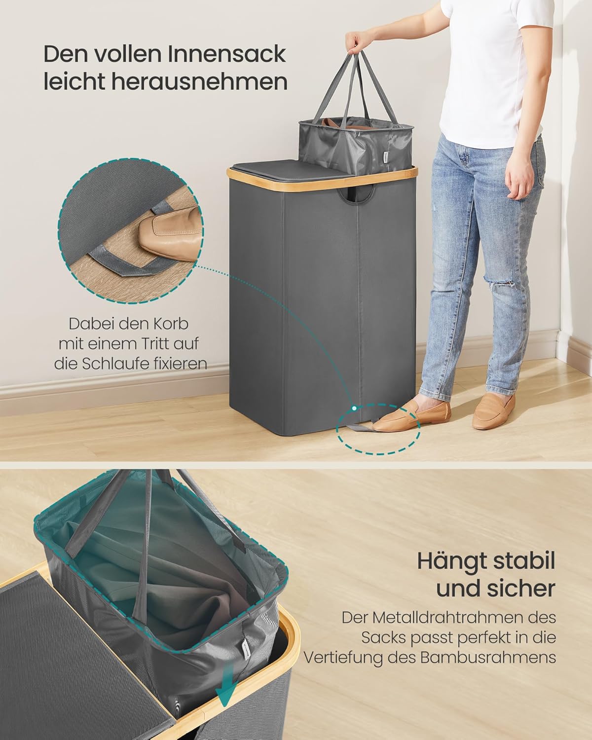 Wäschekorb 2 Fächer 150 l 52x38x75 cm Grau Beige von Songmics