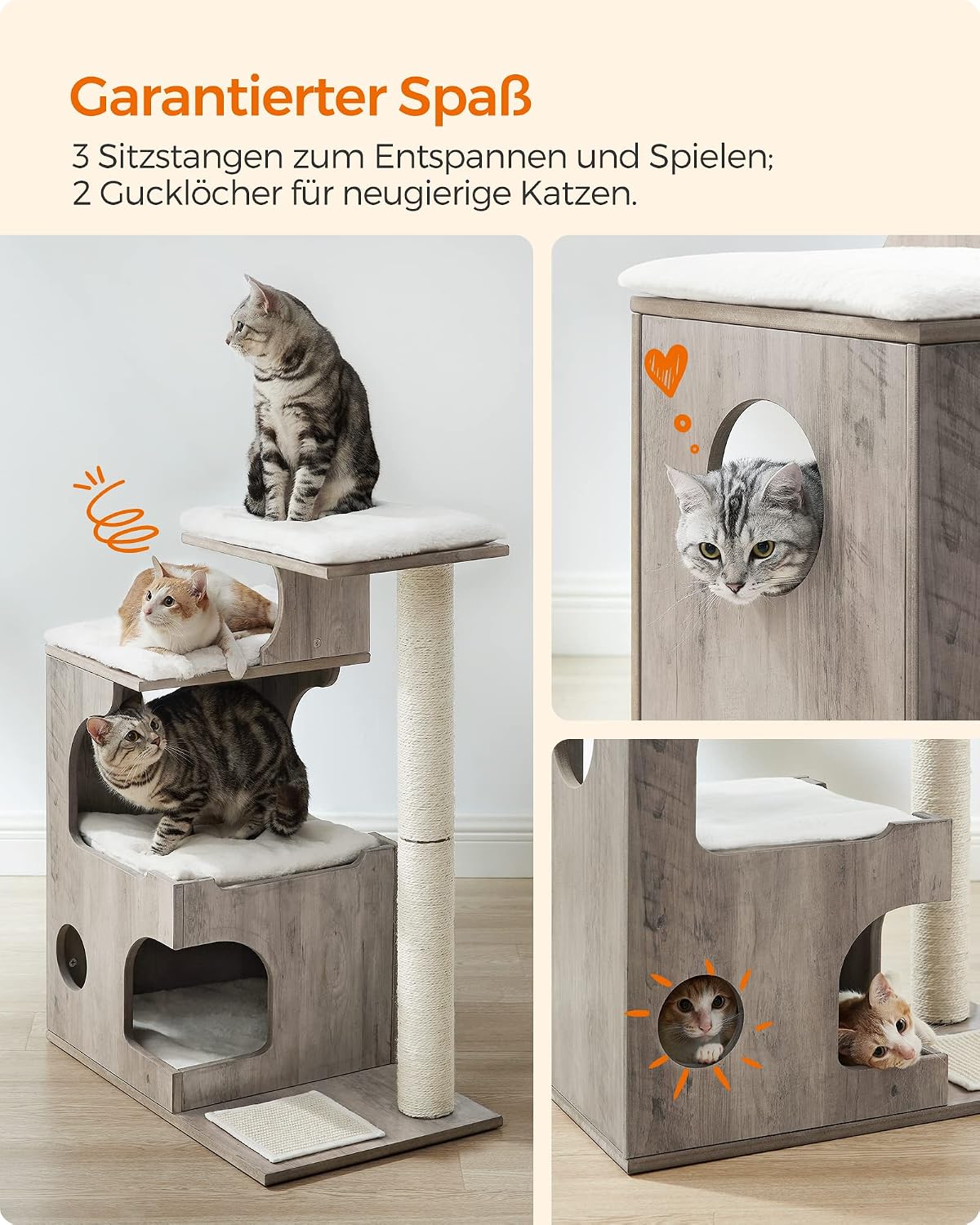 Kratzbaum 88 cm Katzenbaum mit Katzenhöhle Greige Weiss von Songmics