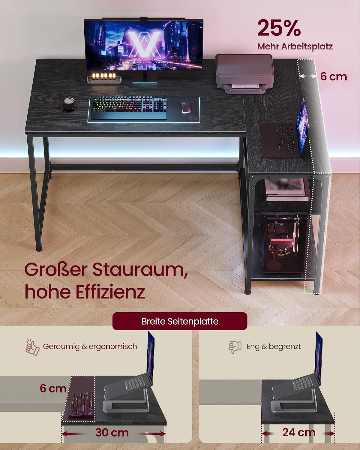 Eckschreibtisch 120x80x76 cm L-förmig Schwarz von Songmics