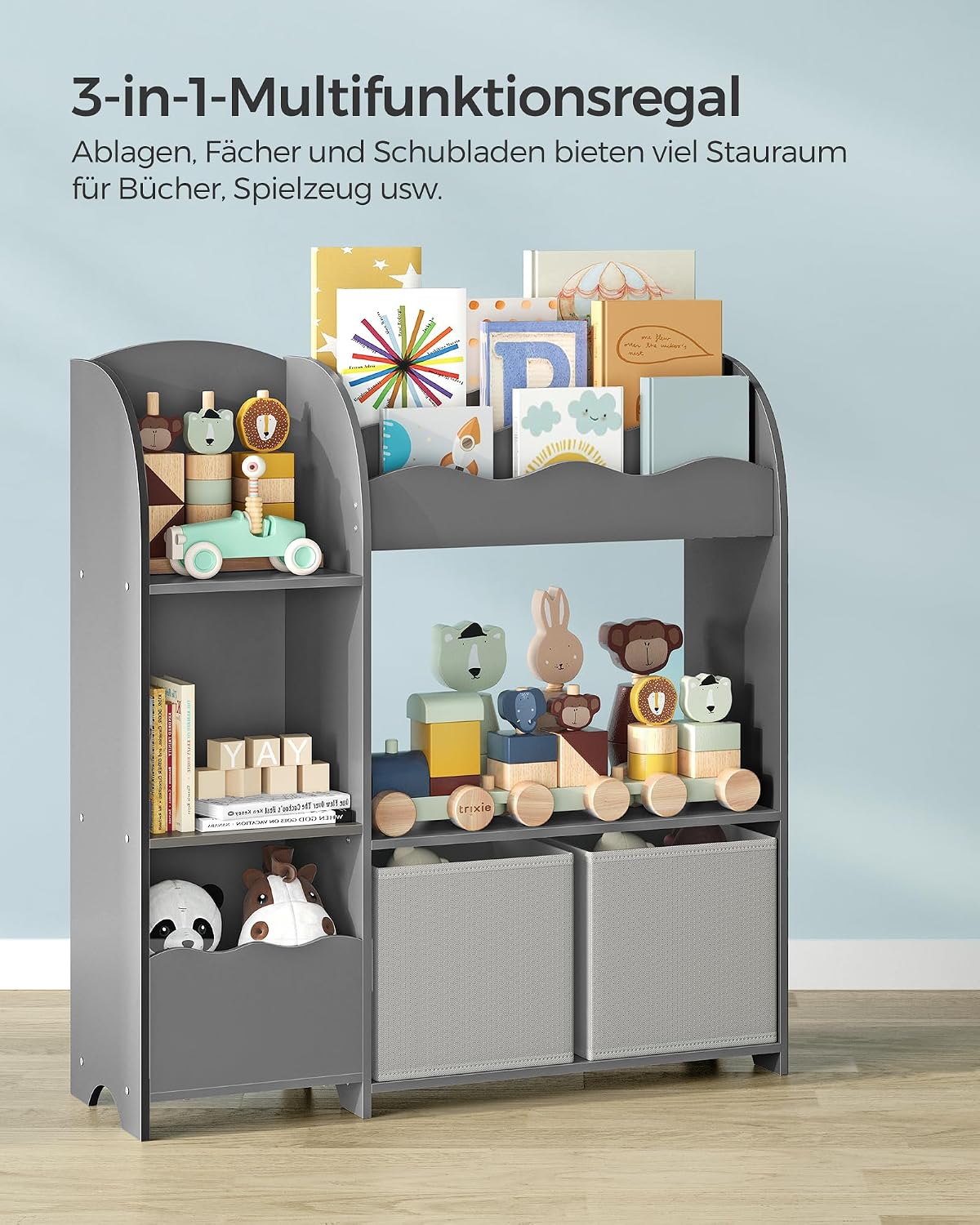 Kinderregal mit 2 Boxen Spielzeug Bücher Aufbewahrung grau von guteszeug.ch