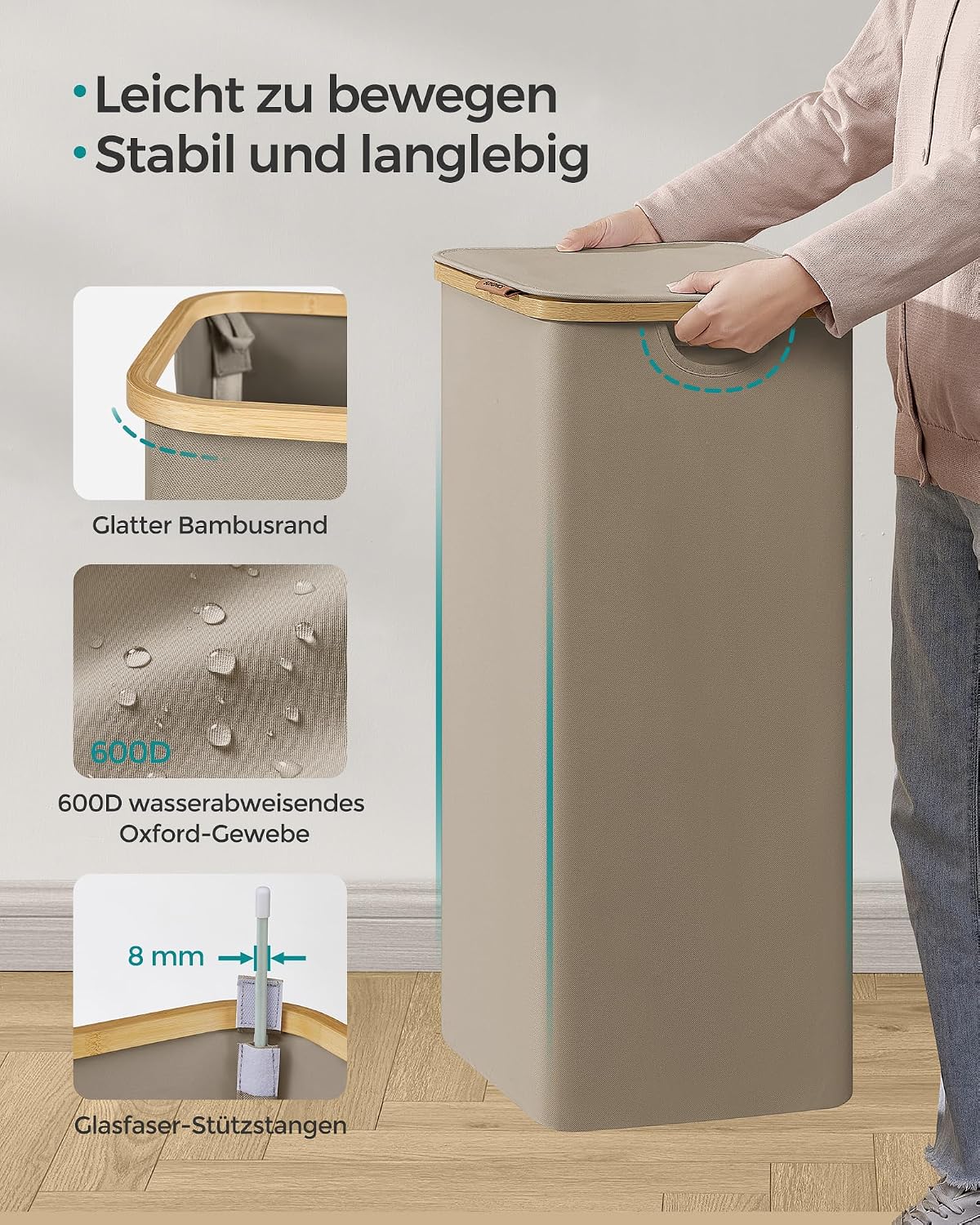 Wäschekorb 90 l mit Deckel faltbar Kamelbraun Beige von Songmics