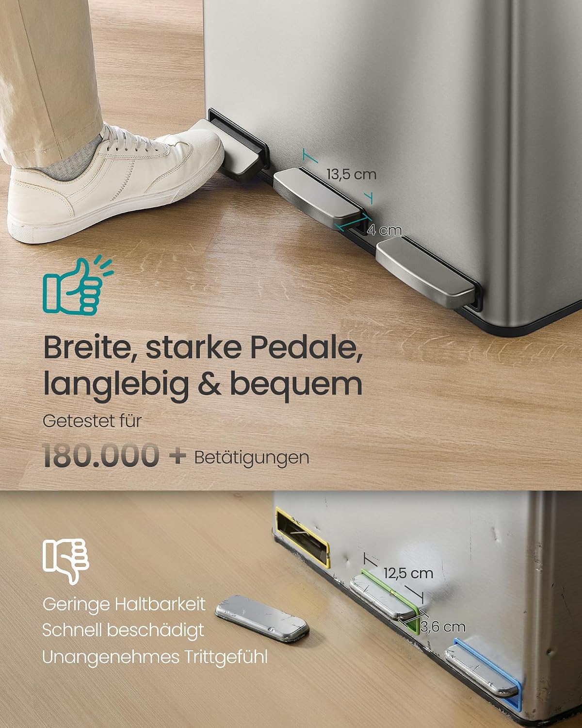 Mülleimer 3x15 l Dreifach Abfalleimer Edelstahl Silber von Songmics