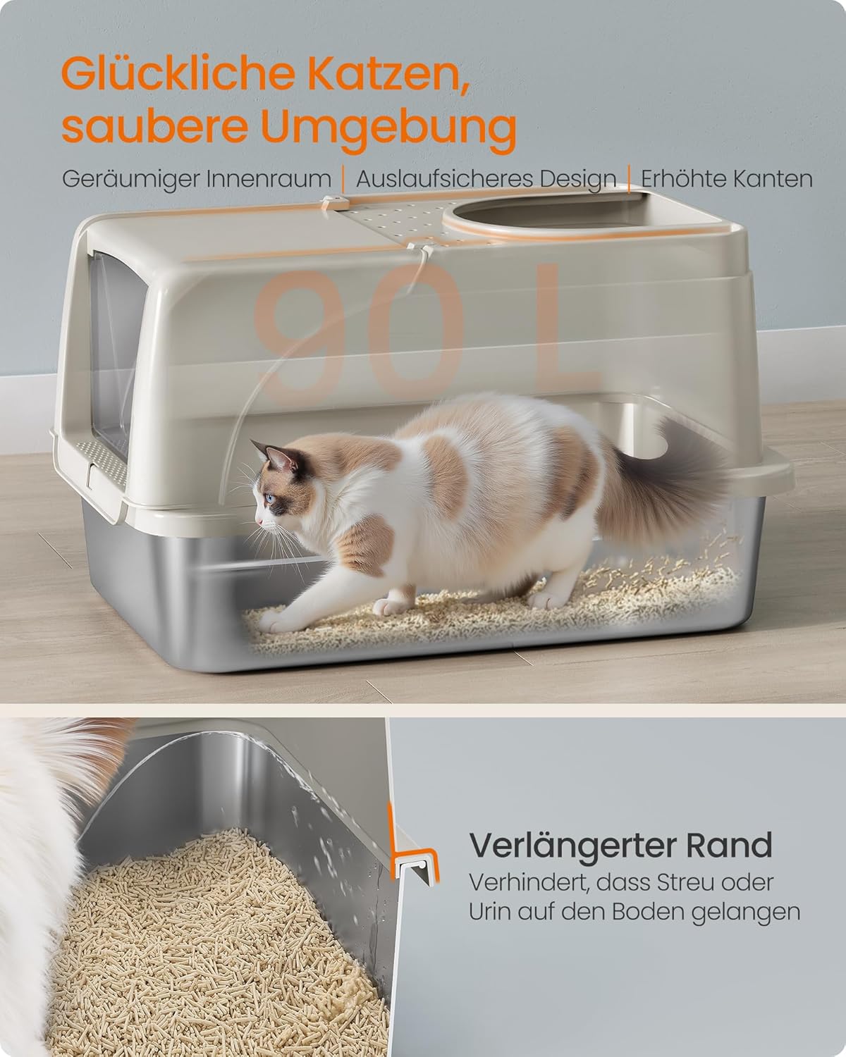 Katzentoilette XL Edelstahl mit Deckel und Schaufel beige von Songmics