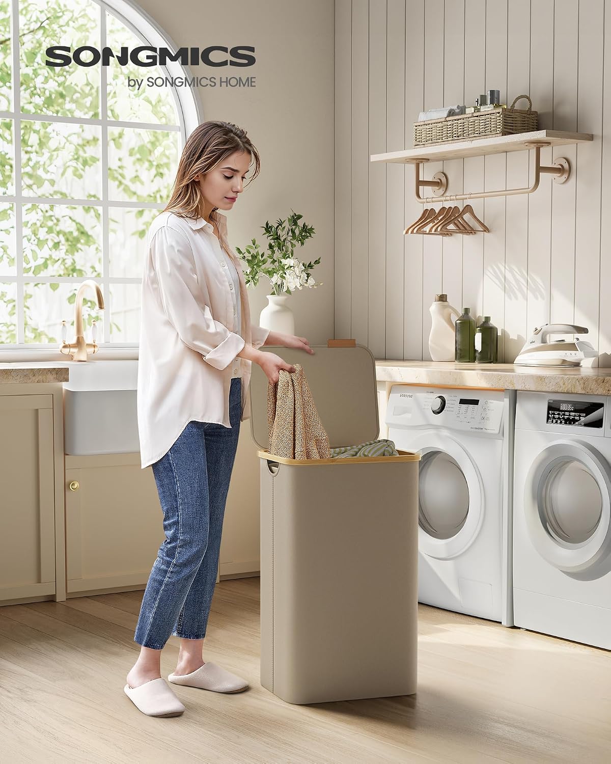 Wäschekorb 90 l mit Deckel faltbar Kamelbraun Beige von Songmics