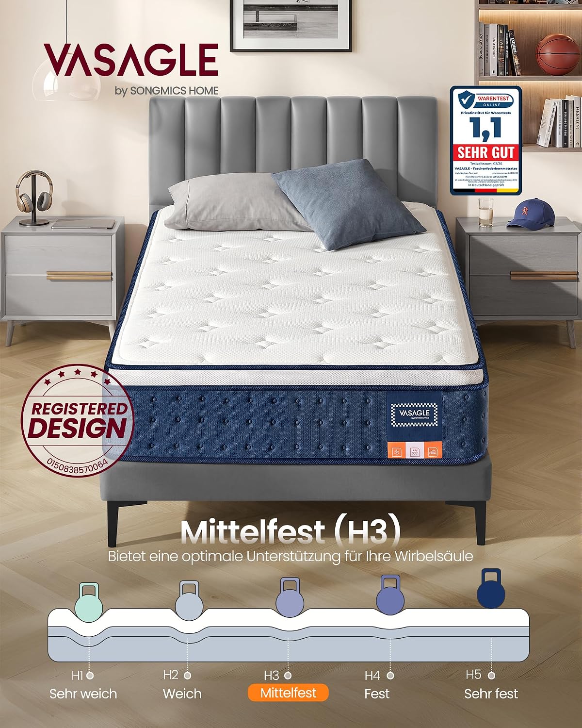Hybridmatratze 90x200 cm 7 Zonen Taschenfedern Quarzblau von Songmics