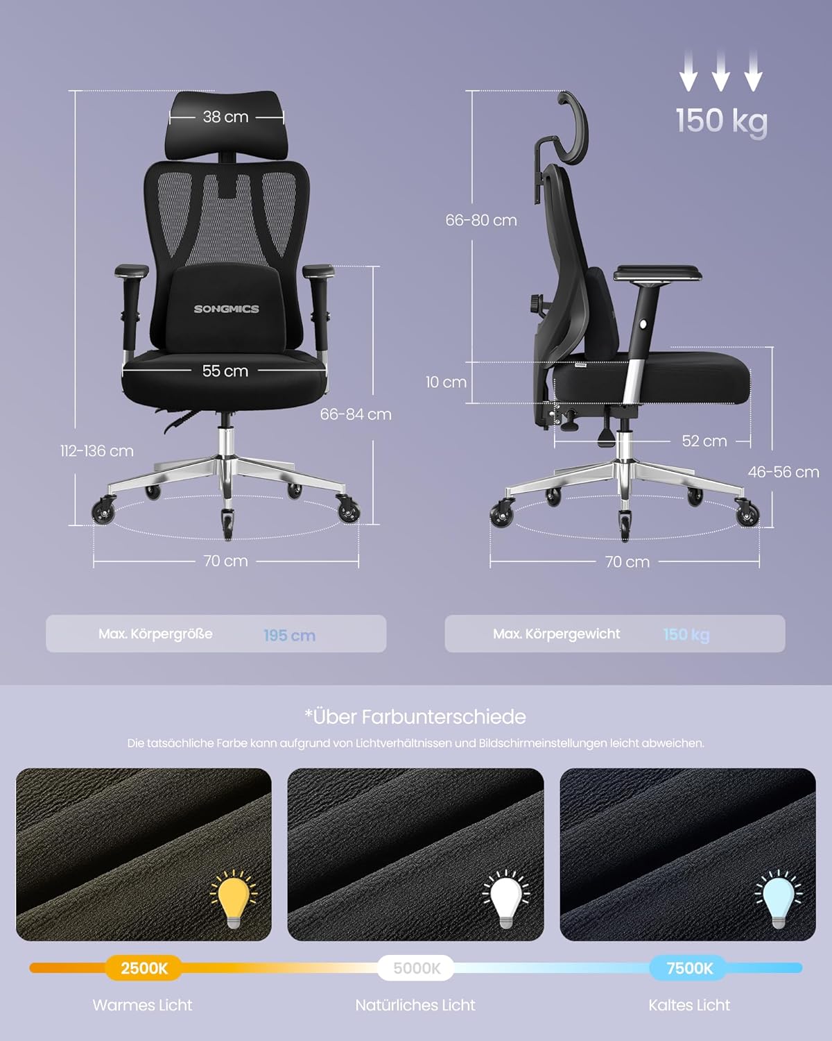 Ergonomischer Bürostuhl mit Kopf- und Lordosenstütze von Songmics