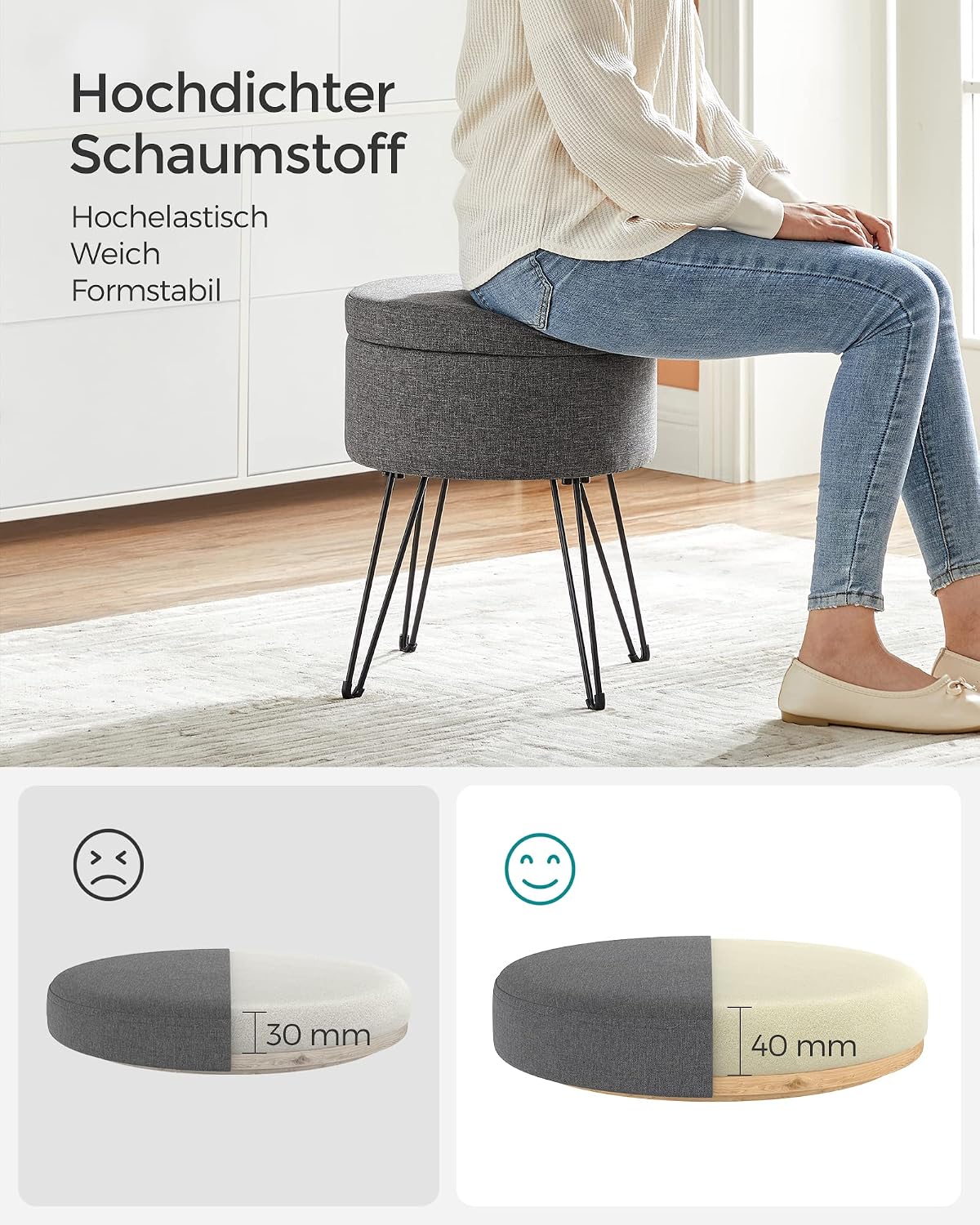Sitzhocker mit Stauraum 13,4 l rund Taubengrau von Songmics