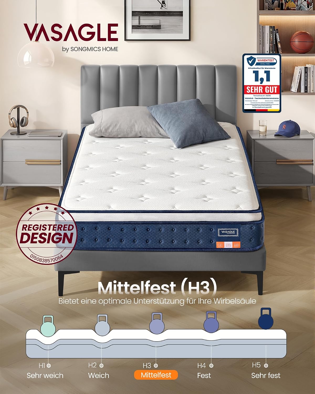 Hybridmatratze 90x200 cm 7 Zonen Taschenfedern Quarzblau von Songmics