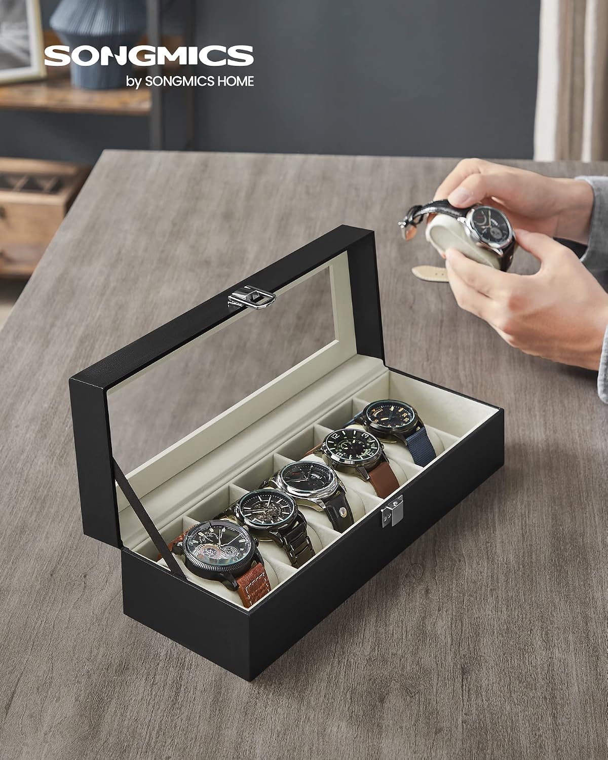 Uhrenbox 6 Fächer Uhrenorganizer Schwarz mit Glasdeckel von Songmics
