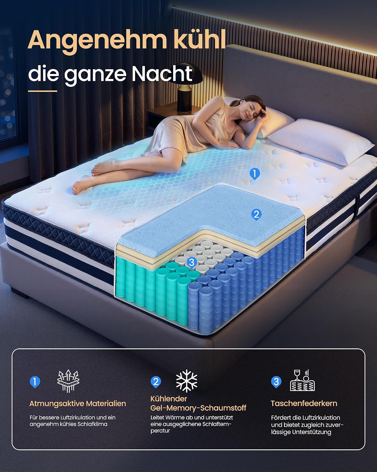 Hybridmatratze 140x200 cm 7 Zonen Quarzblau von Songmics