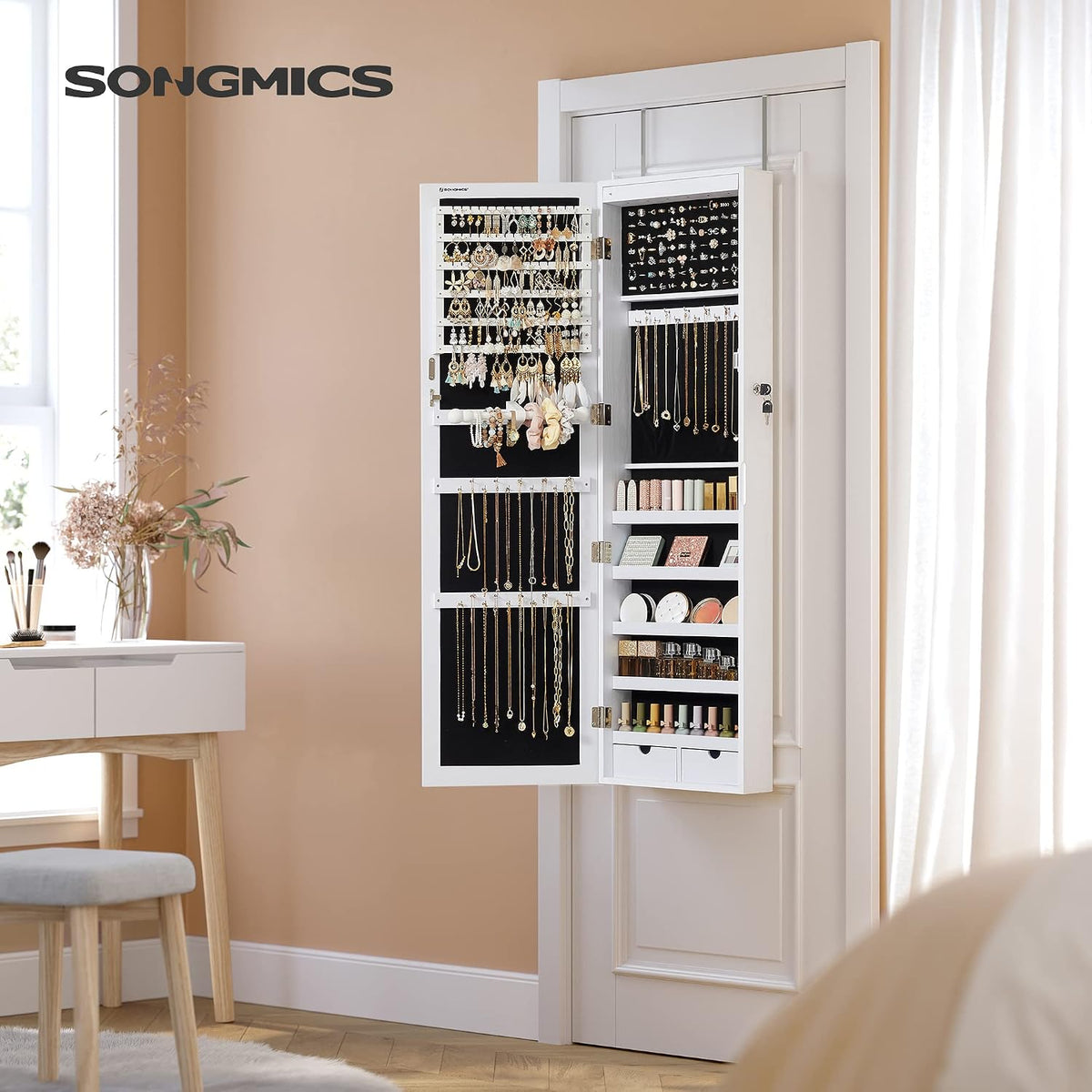 Schmuckschrank mit Spiegel LED 37x10x120 cm Weiss von Songmics