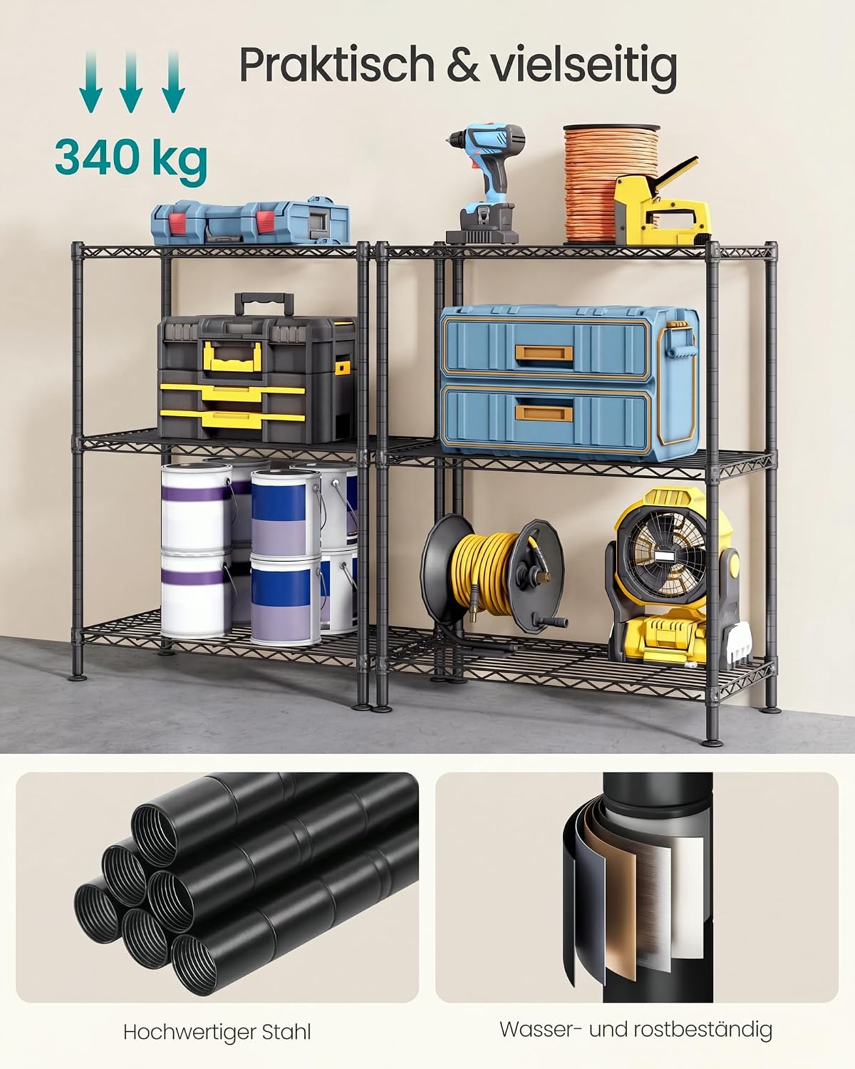 Lagerregal 3 Ablagen 60x30x77 cm Metall Schwarz von Songmics
