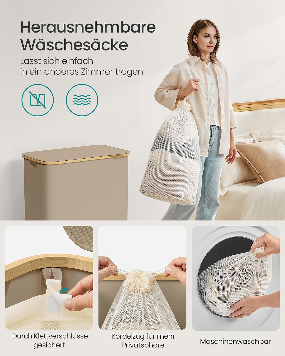 Wäschekorb 150 l 3 Fächer mit Deckel Kamelbraun von Songmics