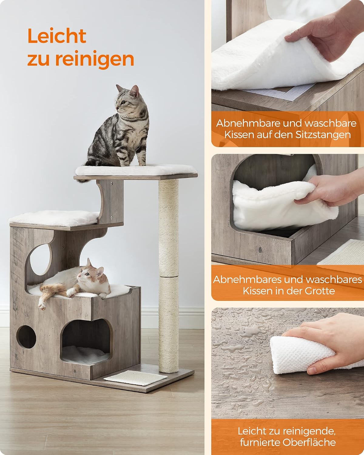 Kratzbaum 88 cm Katzenbaum mit Katzenhöhle Greige Weiss von Songmics
