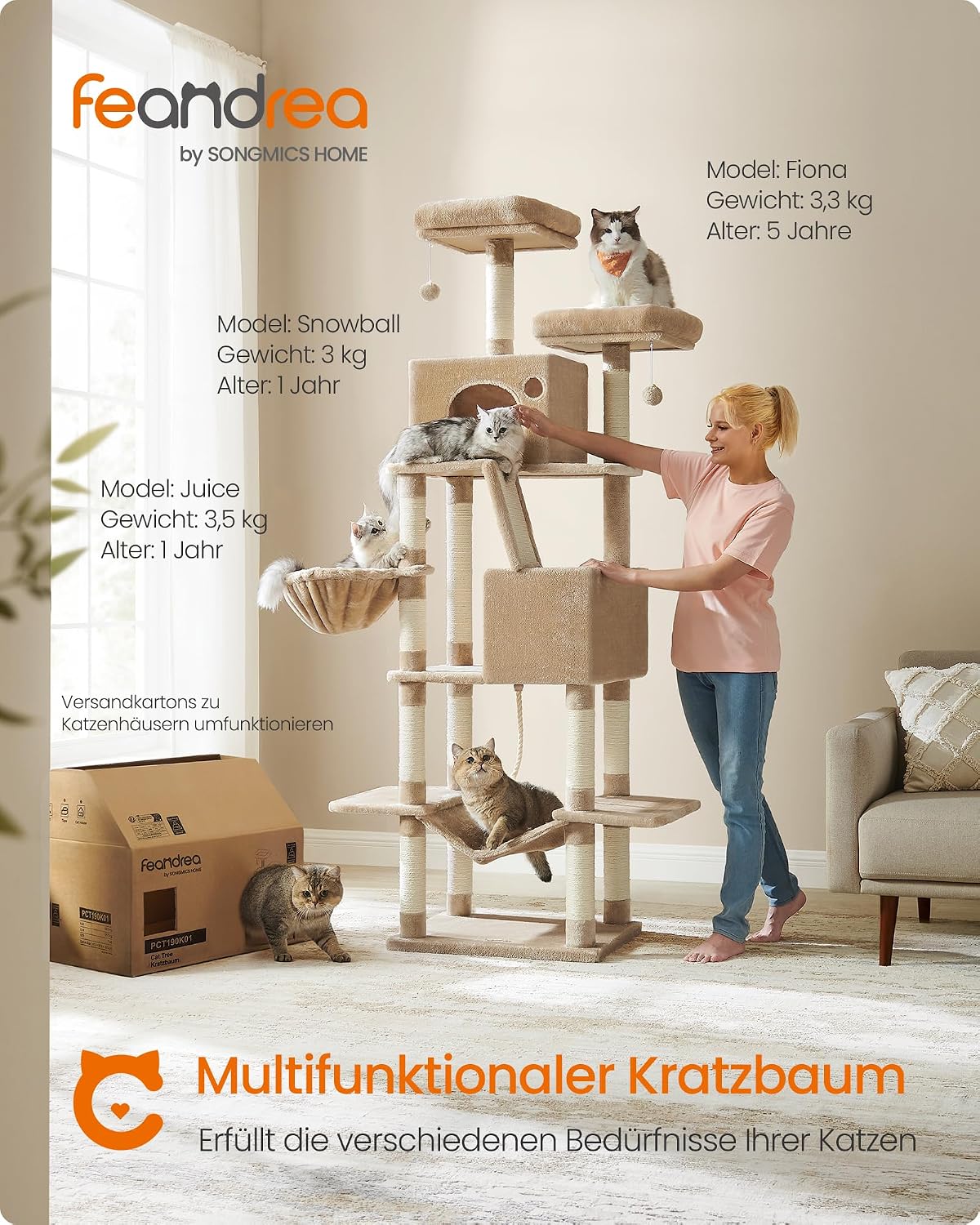 Kratzbaum XXL 203,5 cm Katzenbaum Kamelbraun von Songmics