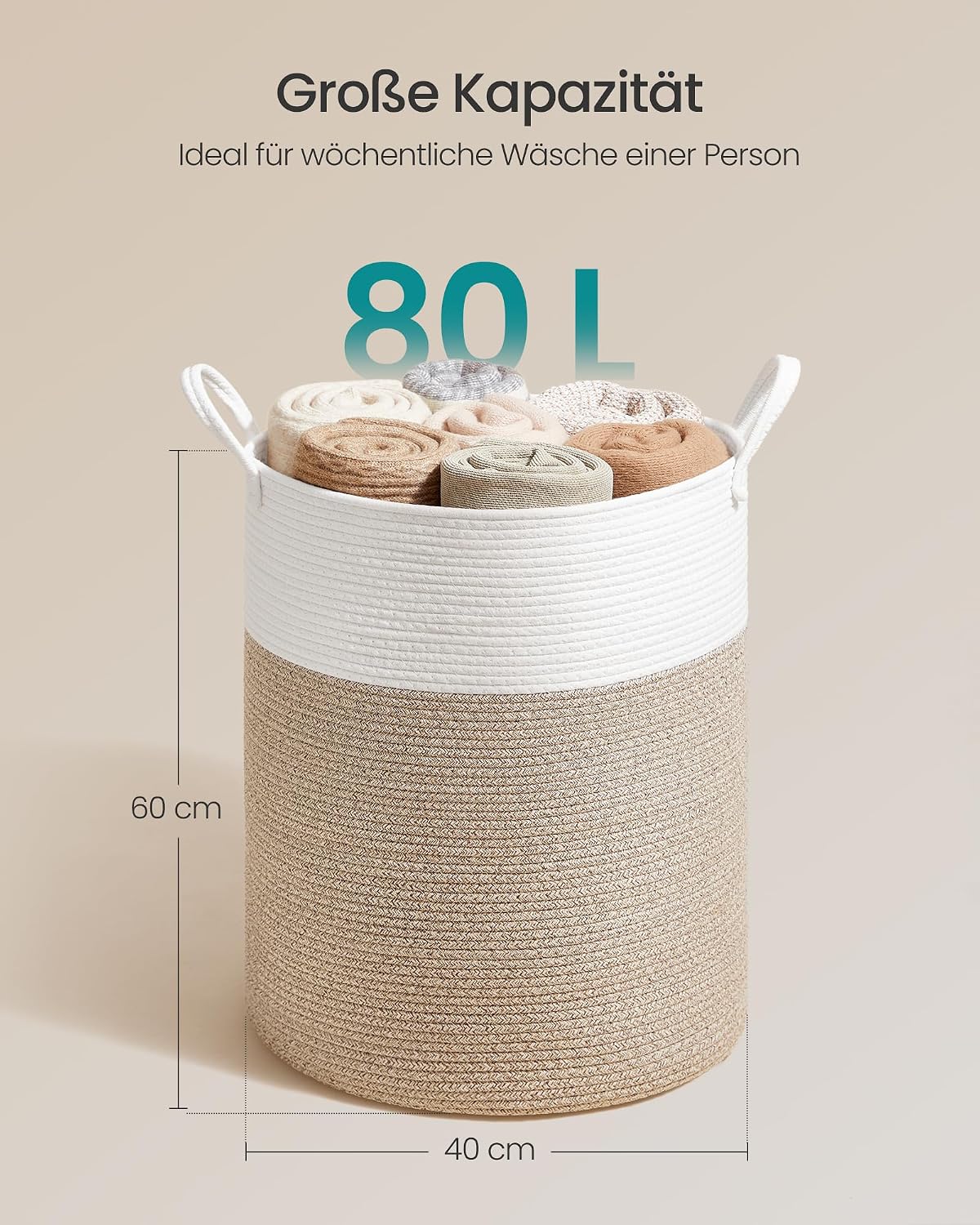 Wäschekorb 80 l Baumwollseil 40x40x60 cm Weiss Braun von Songmics