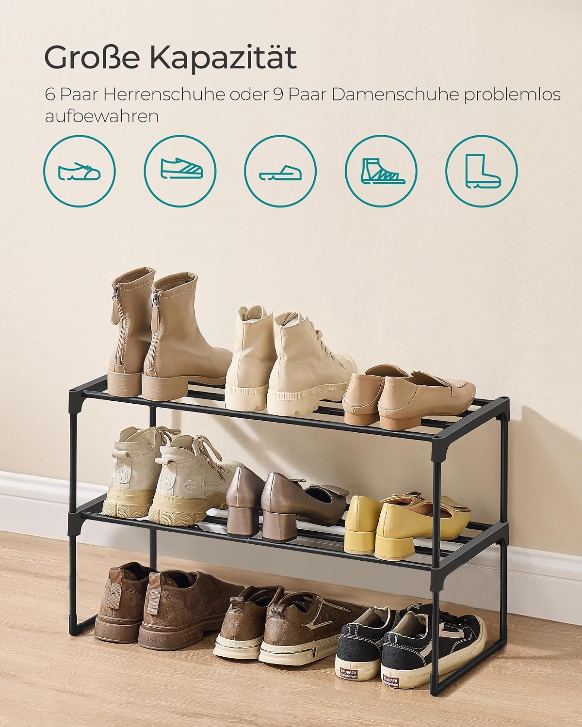Schuhregal 2 Ebenen 68x30x36,8 cm Schwarz stapelbar von Songmics