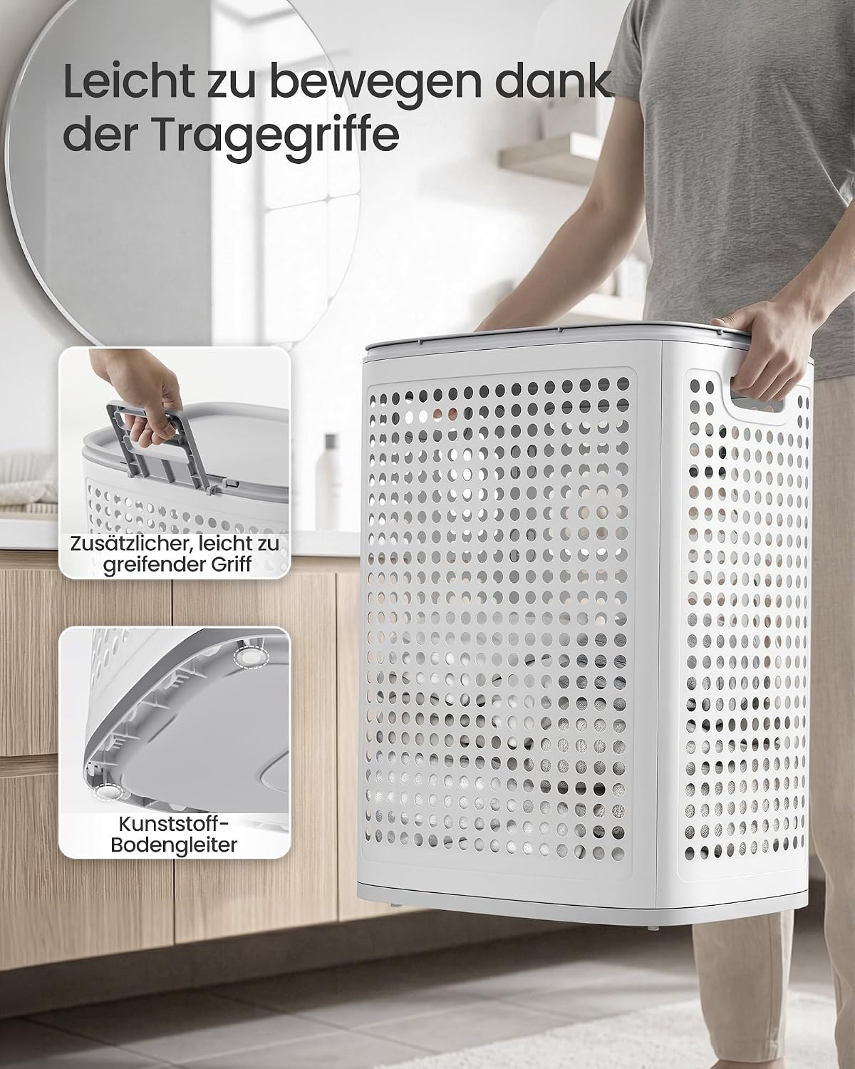 Wäschekorb 75 l mit Deckel 42,5x33x57 cm Weiss Grau von Songmics