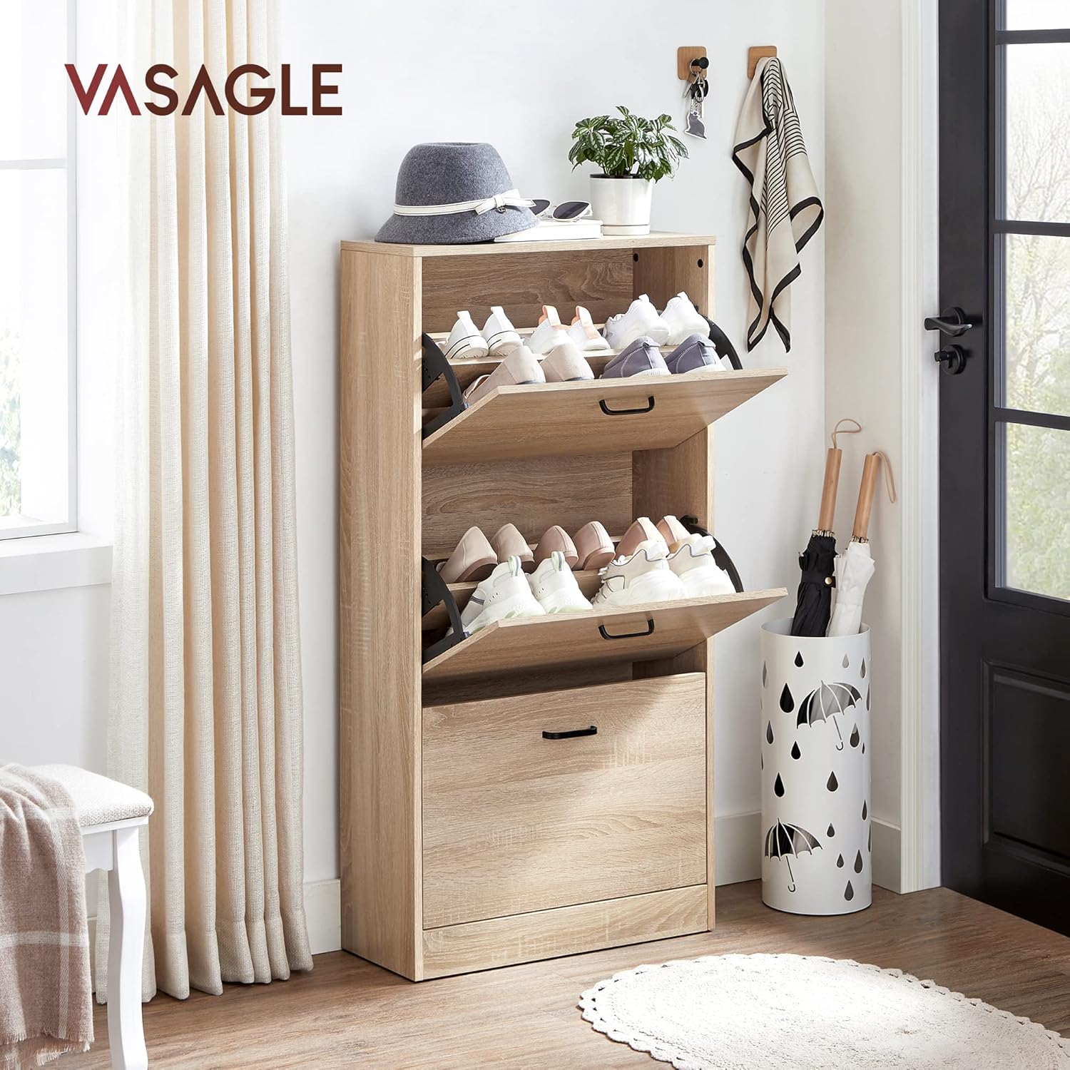 Schuhschrank 3 Klappen Schuhregal 60x24x120 cm Natur von Songmics