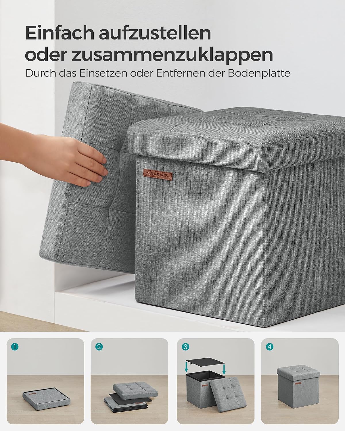 Faltbarer Aufbewahrungshocker klein 30x30 cm hellgrau von Songmics