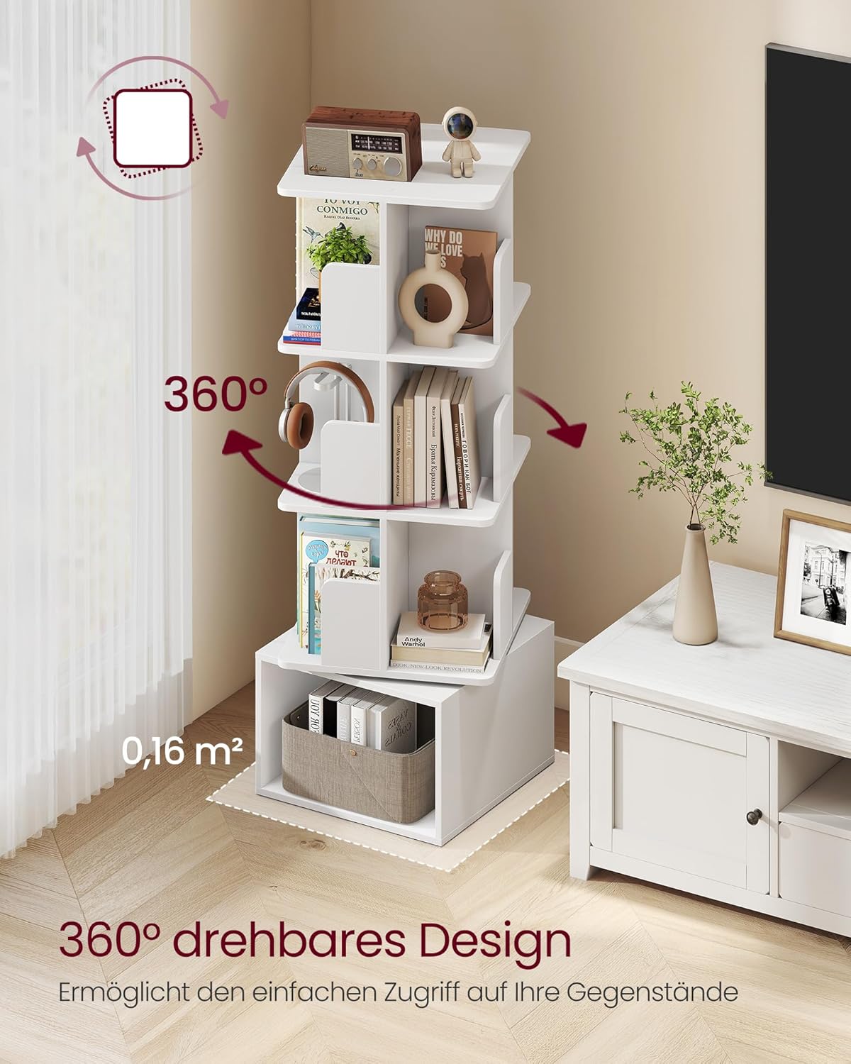 Drehbares Bücherregal 4 Ebenen 40x40x125 cm Weiß von Songmics