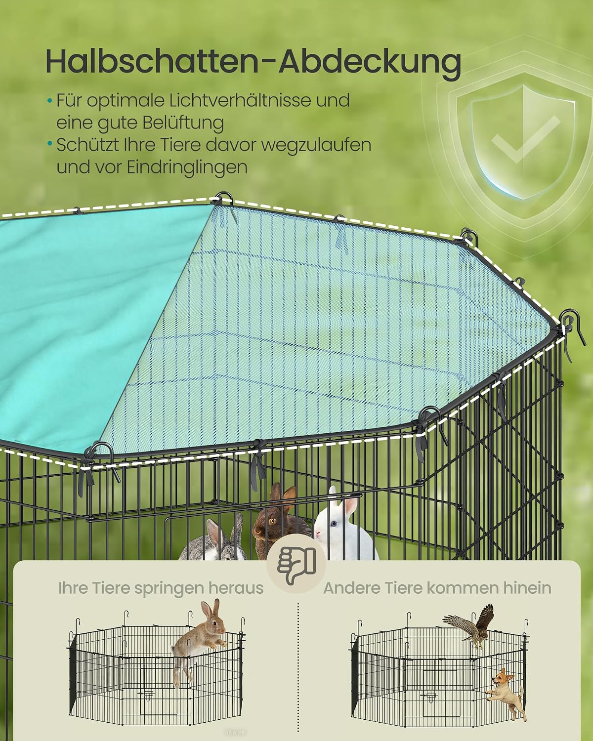 Kleintierauslauf 138x138x60 cm mit Sonnendach Schwarz von Songmics