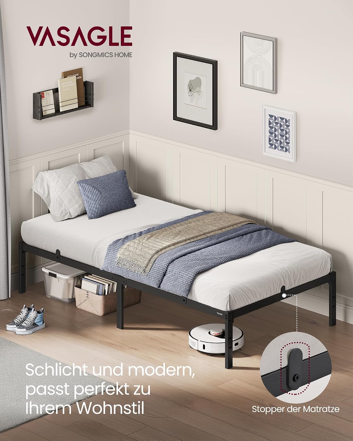Einzelbett Bettgestell 90x200 cm Metall Tintenschwarz von Songmics