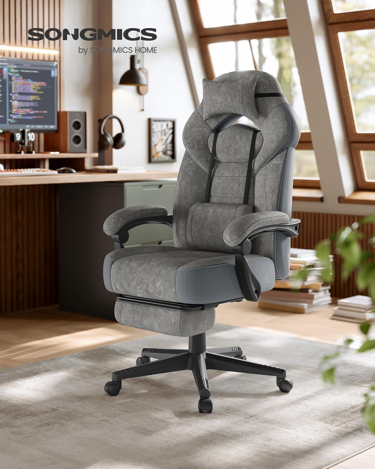 Gamingstuhl ergonomisch 150 kg Schiefergrau Fussstütze von Songmics
