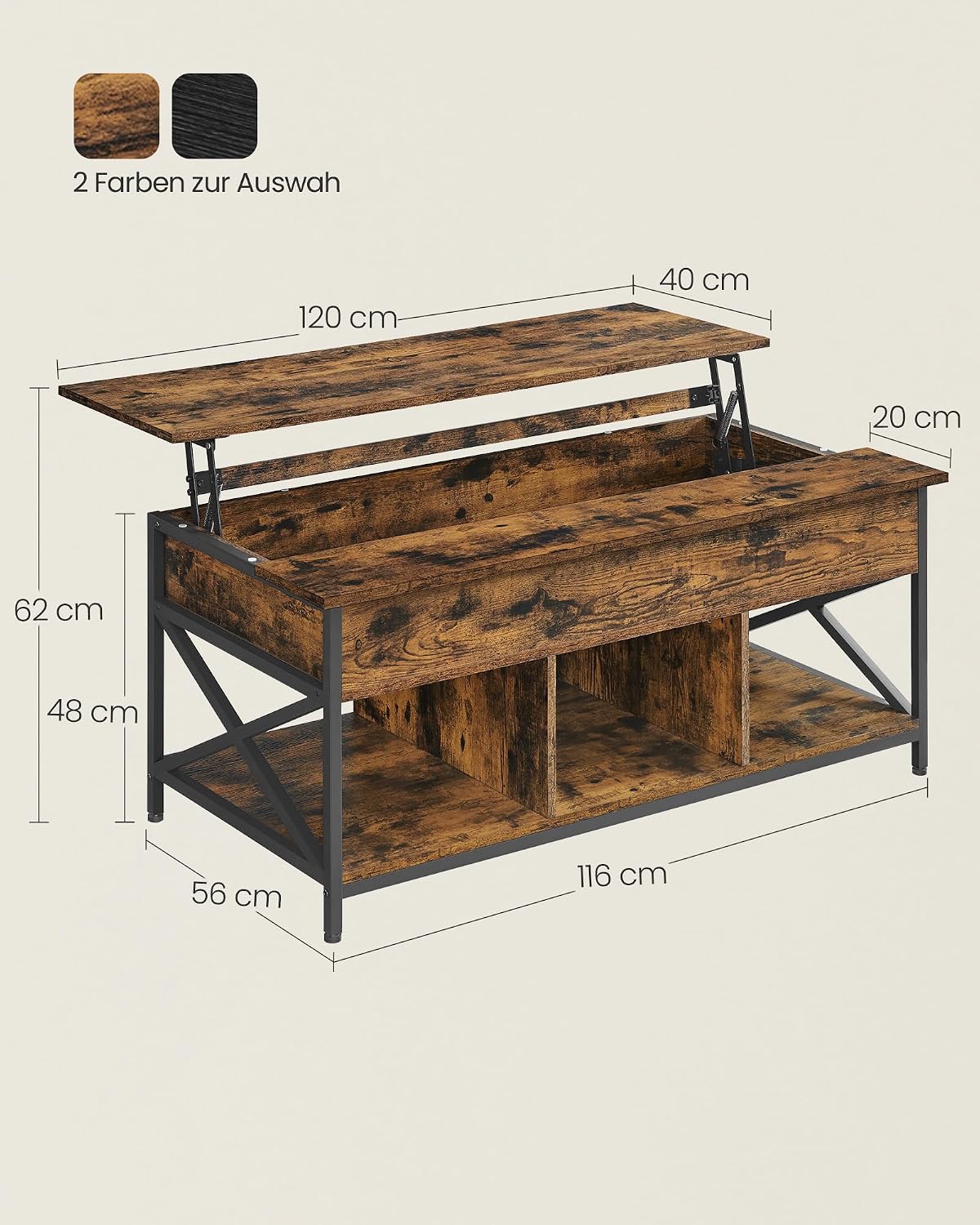 Couchtisch 120x60 cm Liftplatte Stauraum Vintagebraun von Songmics