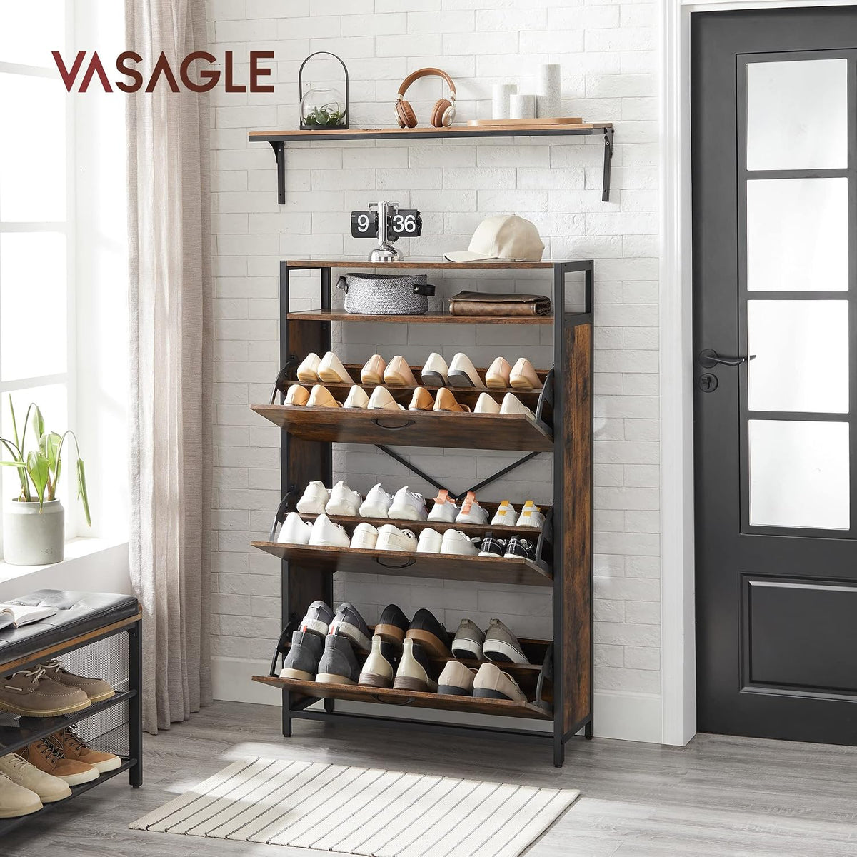 Schuhschrank 3 Fächer 80x30x131 cm Industrial Braun von Songmics