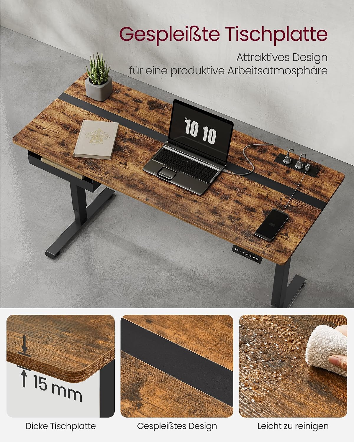 Schreibtisch elektrisch höhenverstellbar 140x60 cm Braun von Songmics