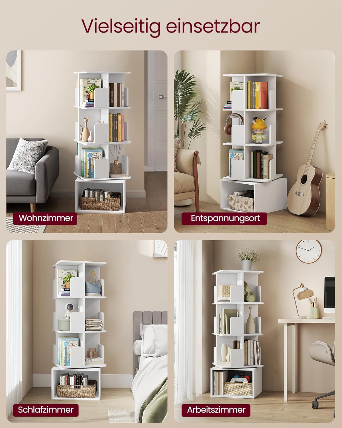 Drehbares Bücherregal 4 Ebenen 40x40x125 cm Weiß von Songmics