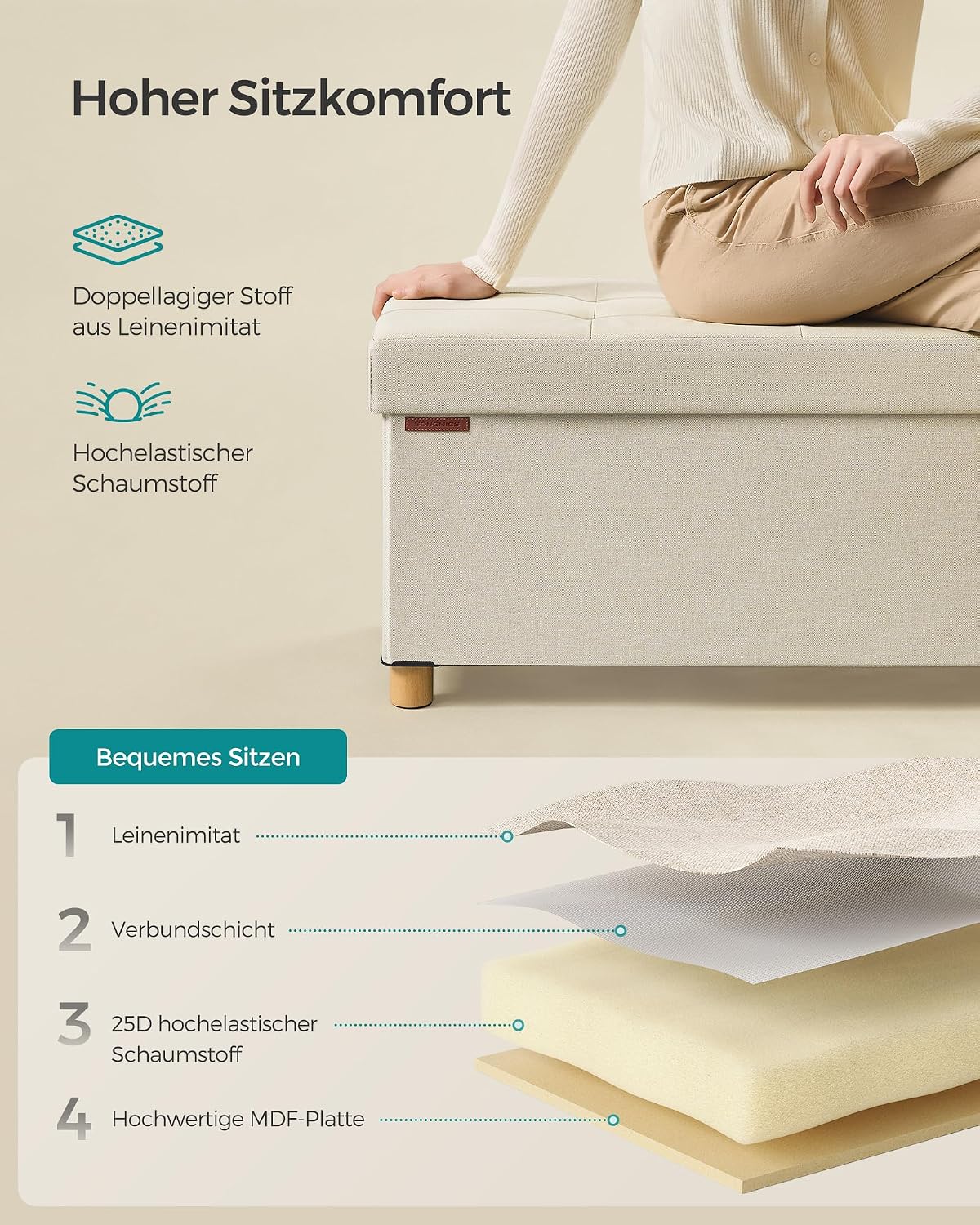Sitzbank Aufbewahrungsbank 110x38x40 cm Cremeweiss von Songmics