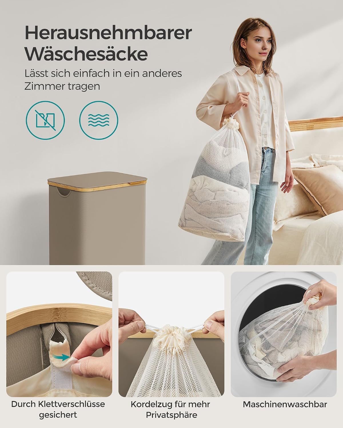 Wäschekorb 90 l mit Deckel faltbar Kamelbraun Beige von Songmics