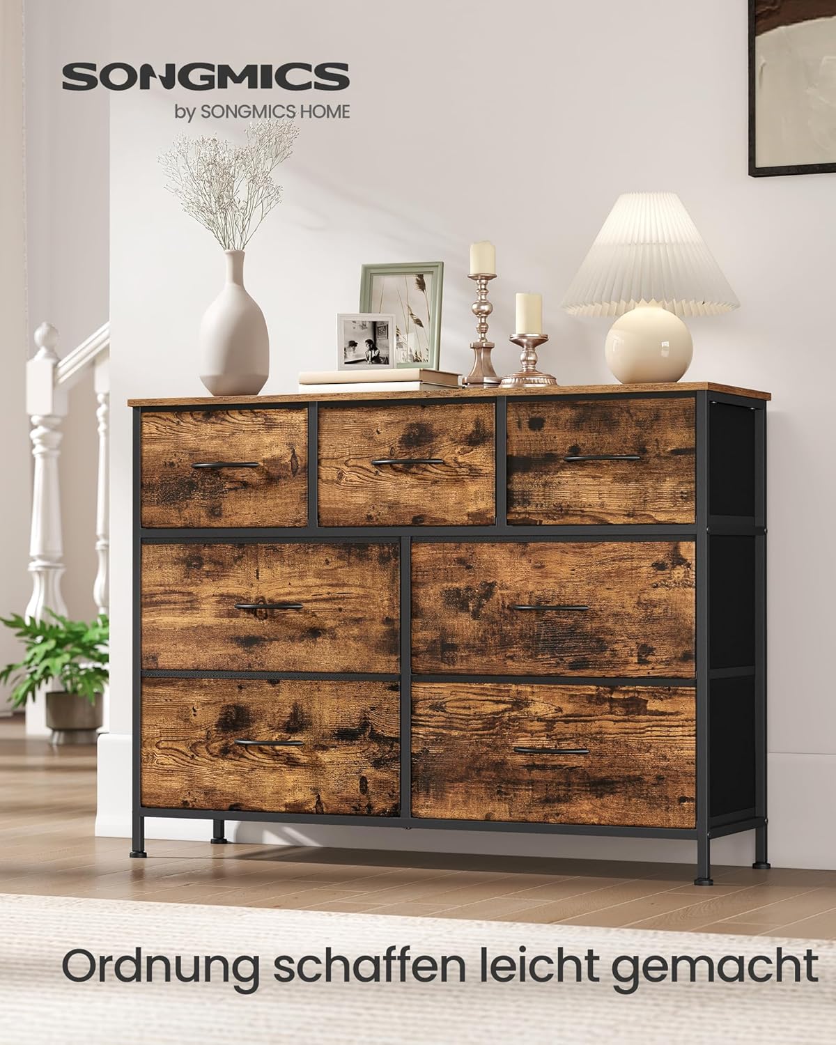 Kommode 7 Schubladen Stoff Schlafzimmer Vintage Braun von Songmics