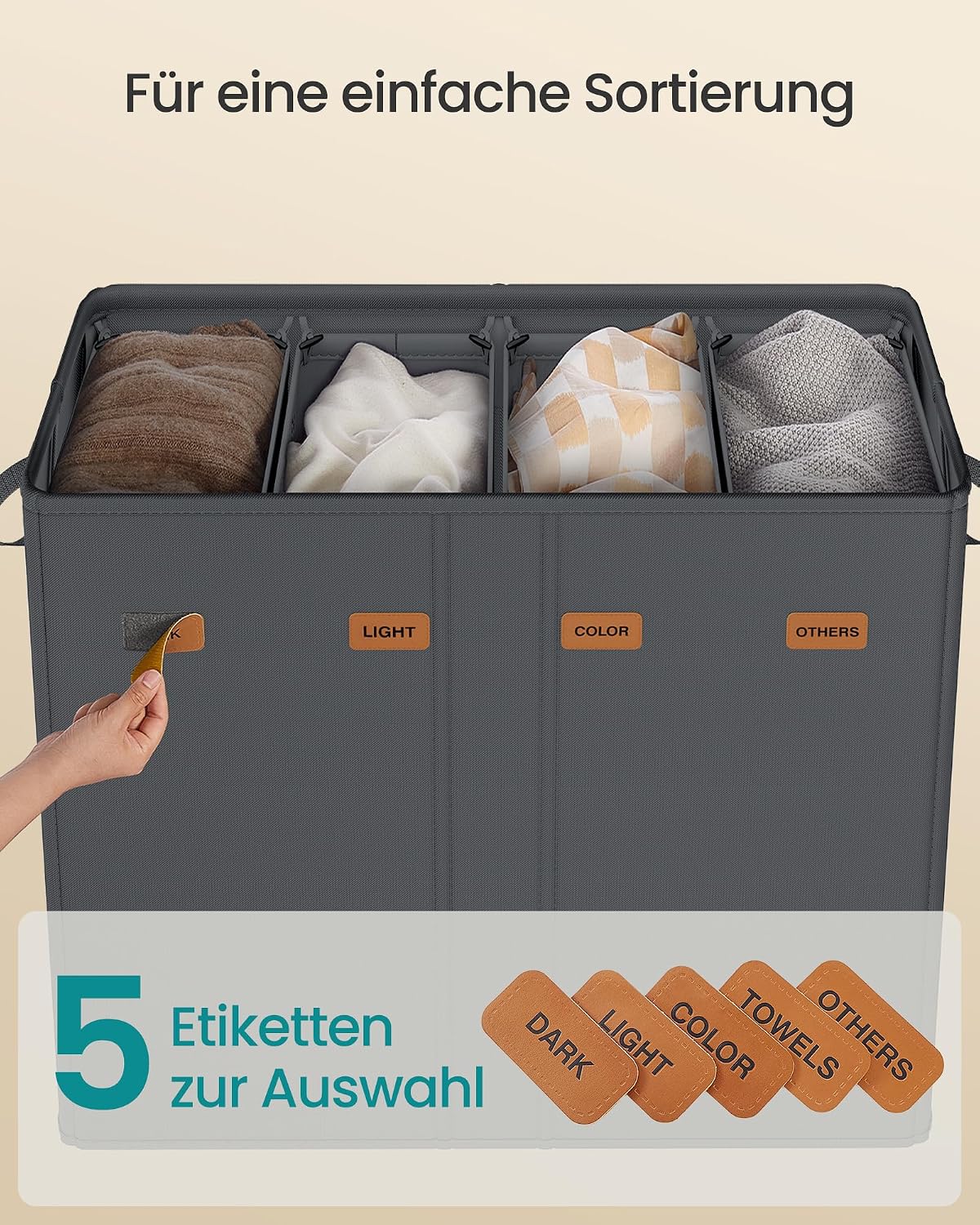 Wäschekorb 210 l 4 Fächer mit Deckel Dunkelgrau von Songmics