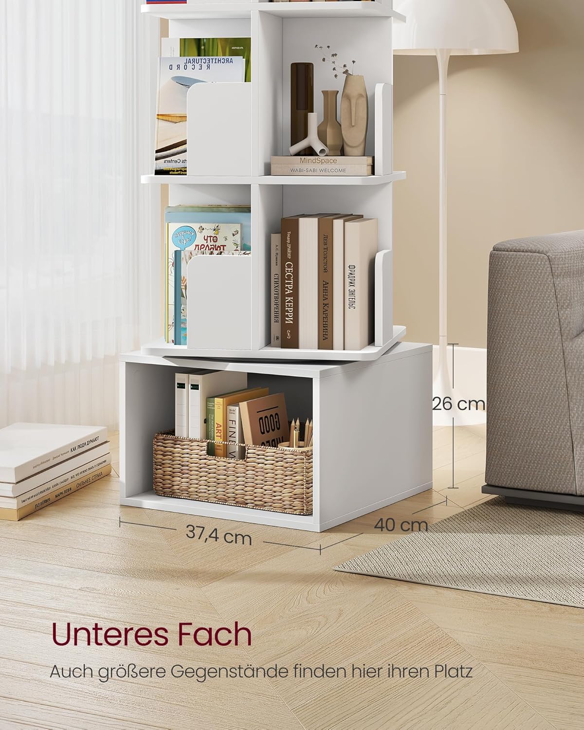 Drehbares Bücherregal 4 Ebenen 40x40x125 cm Weiß von Songmics