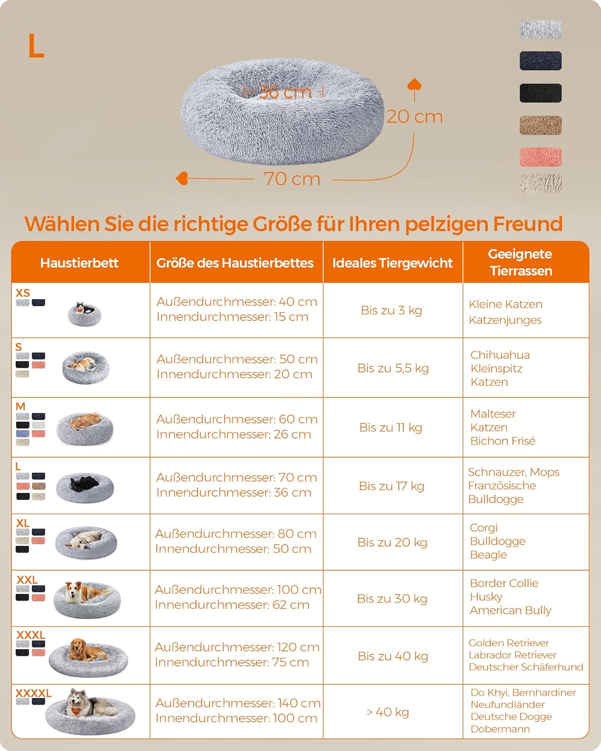 Hundebett Donut flauschig waschbar 70 cm Ombré Grau von Songmics