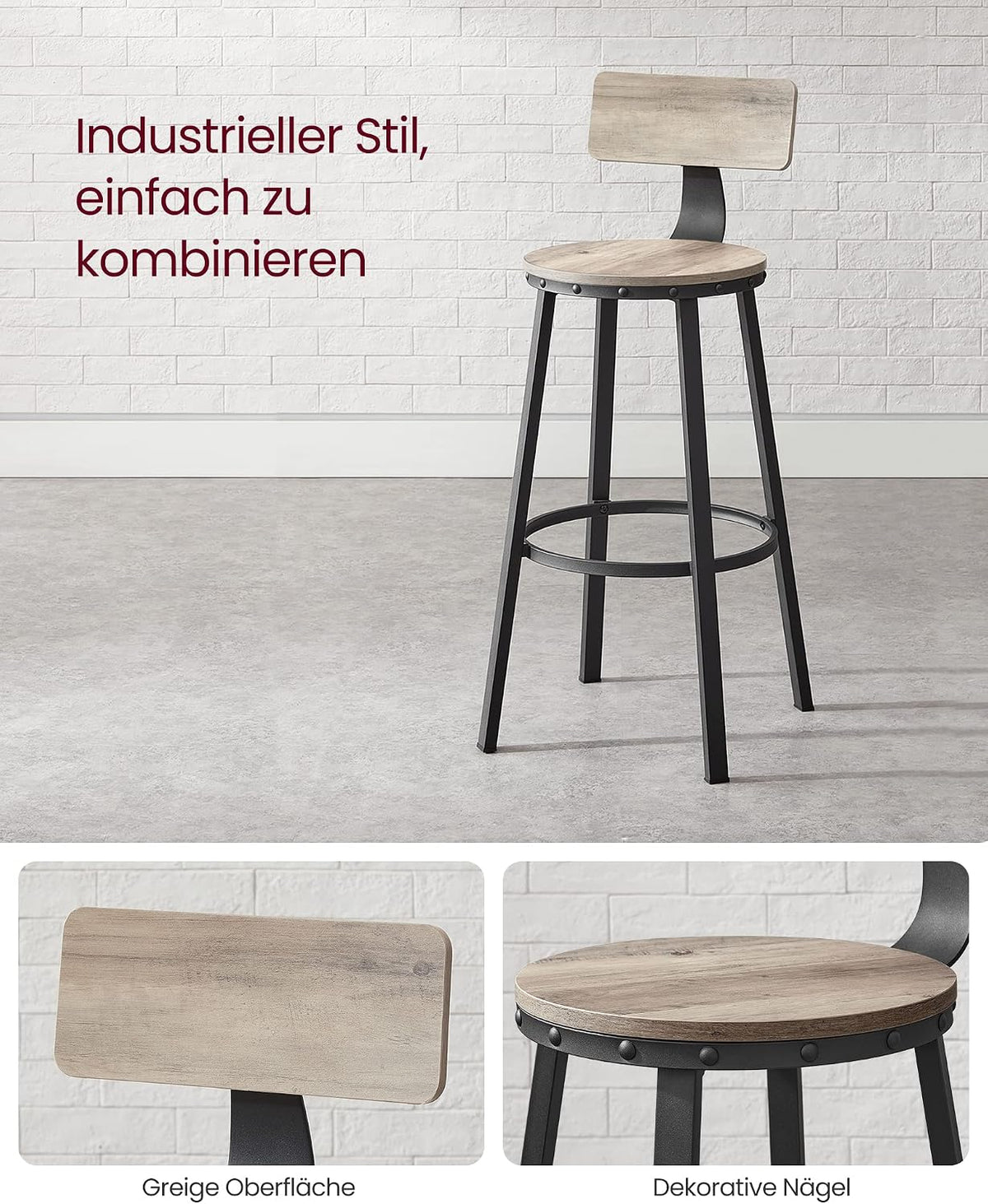 Barhocker 2er Set Vintage Industrial Greige von Songmics