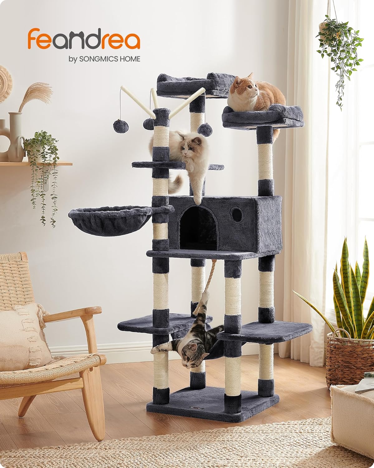 Kratzbaum XXL 164 cm Katzenbaum Rauchgrau von Songmics