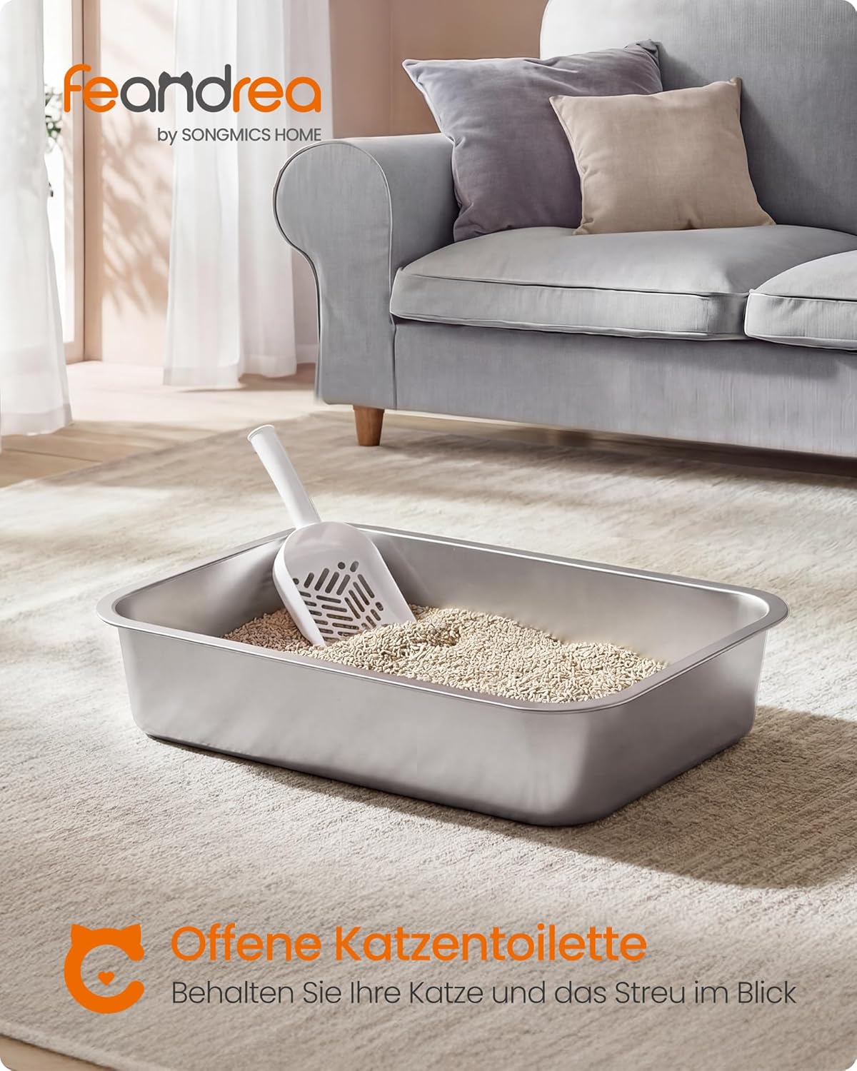 Katzentoilette Edelstahl offen 50x35x15 cm Silbergrau von Songmics