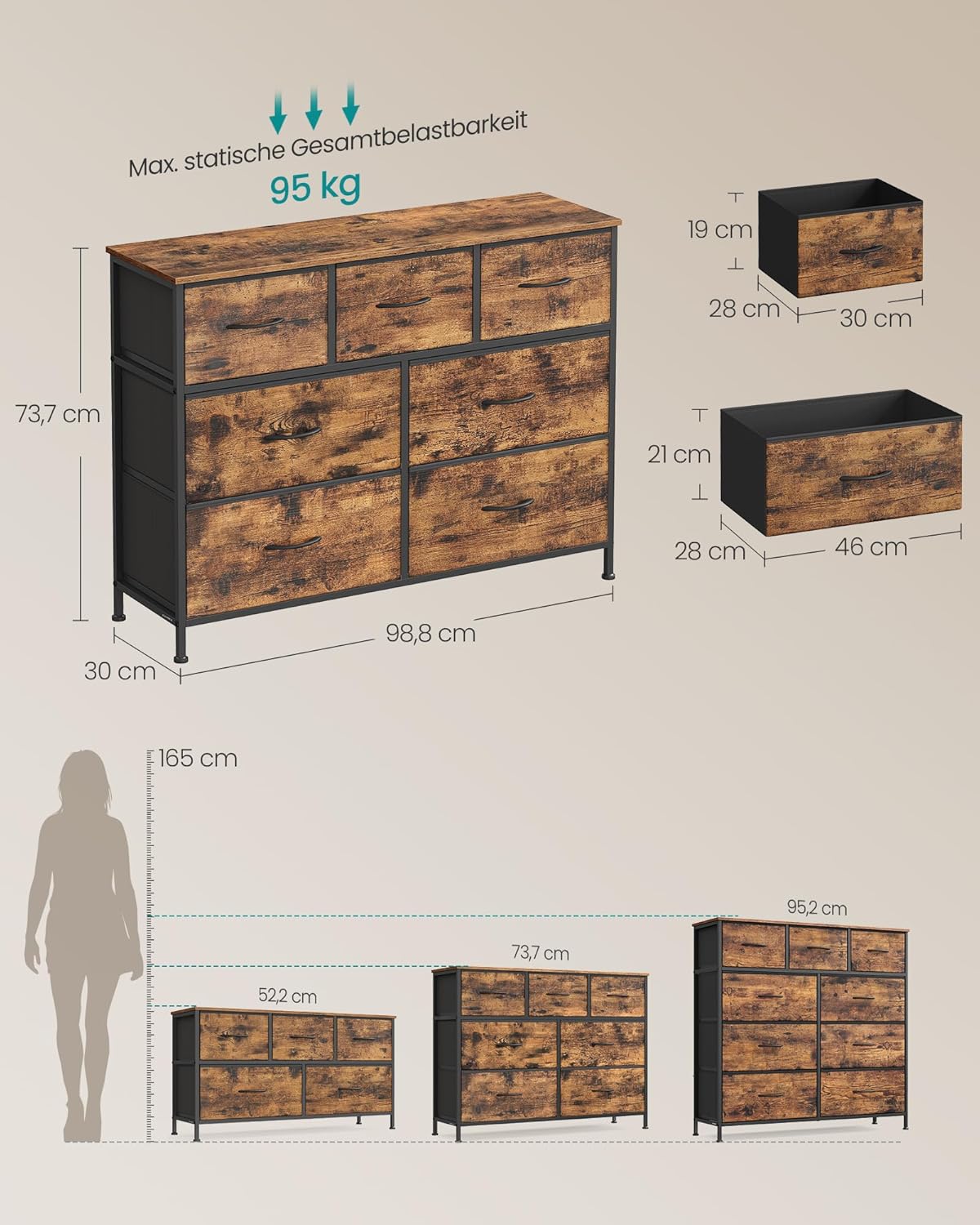 Kommode 7 Schubladen Stoff Schlafzimmer Vintage Braun von Songmics