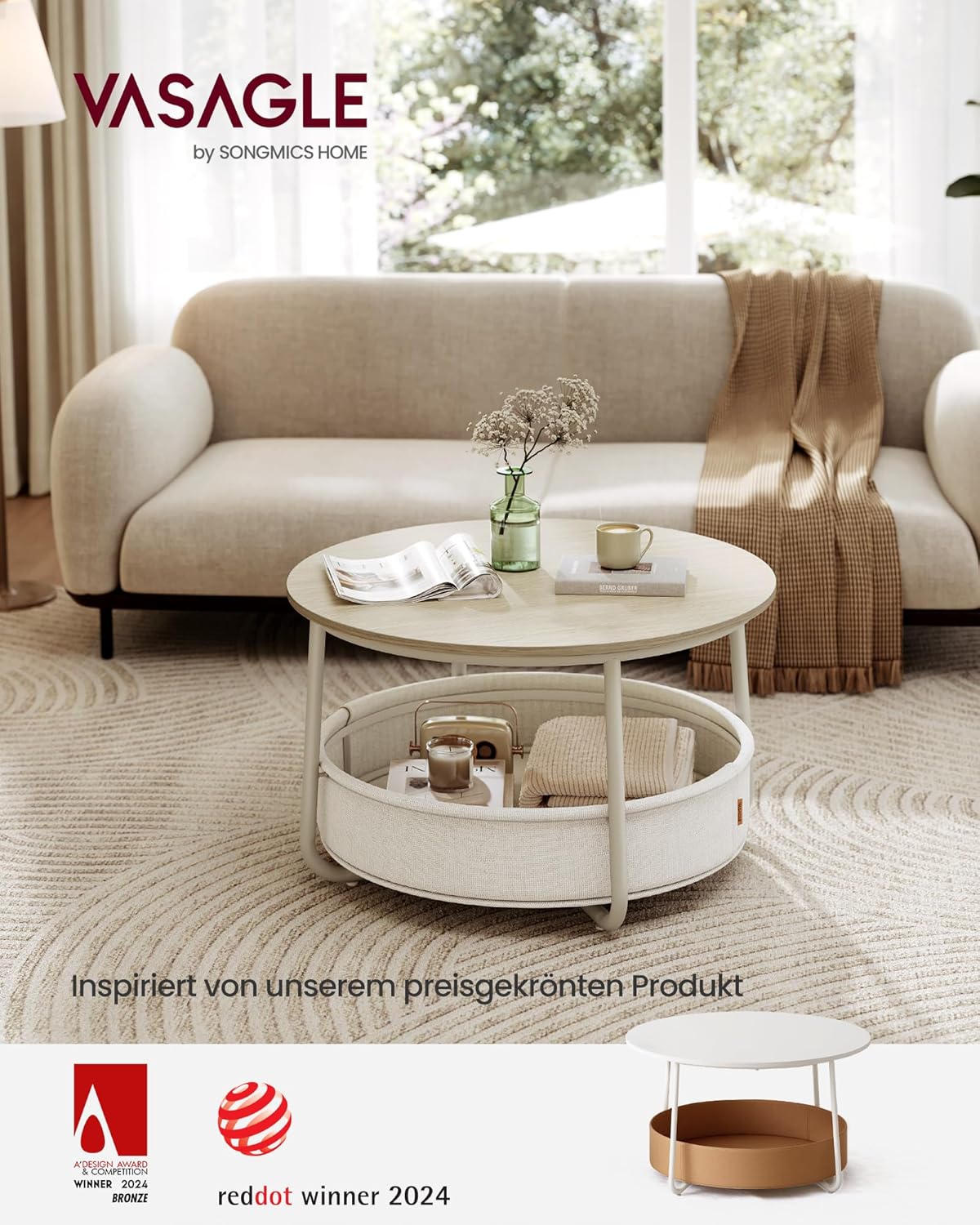 Runder Couchtisch mit Stoffkorb und Metallrahmen Beige von Songmics