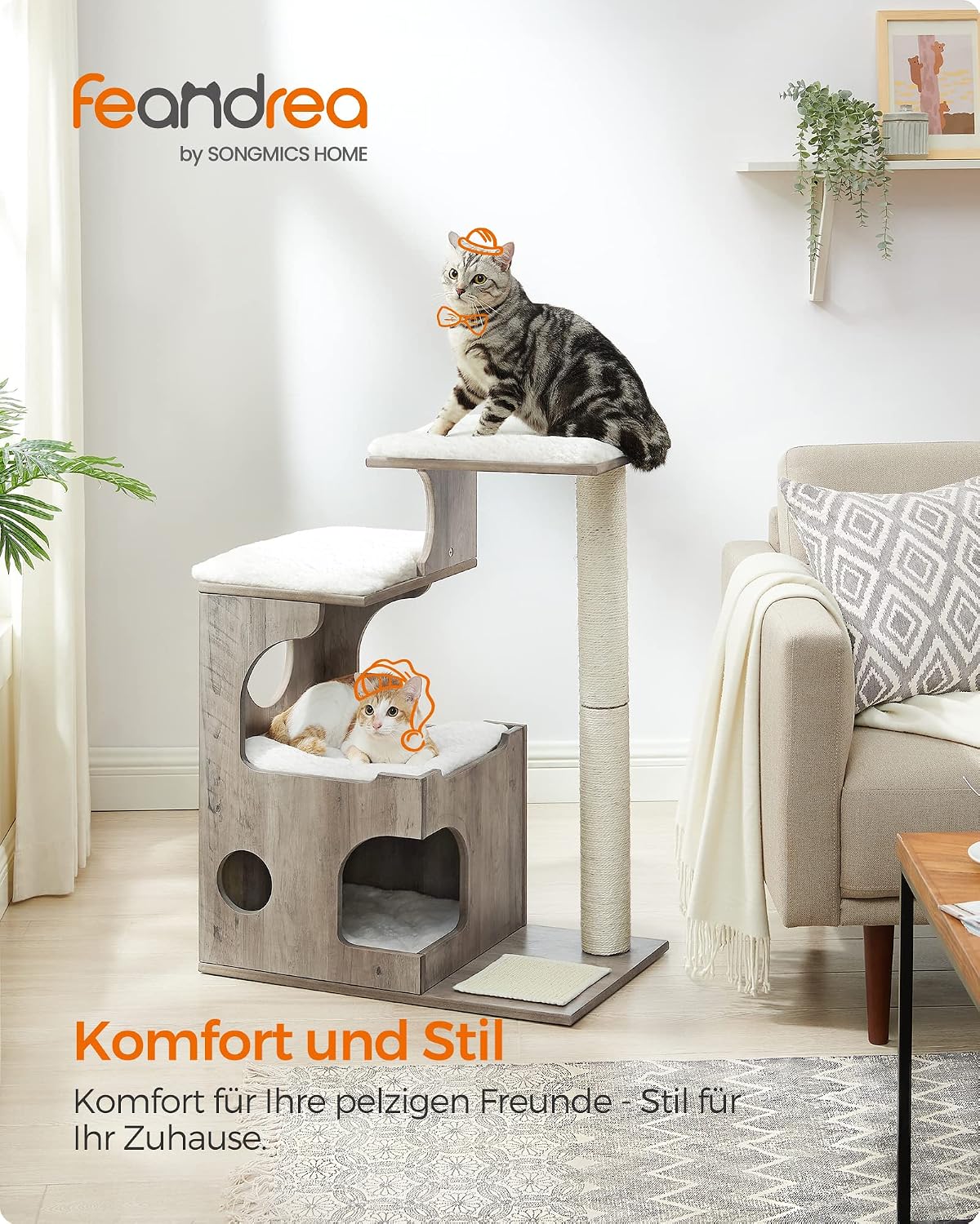 Kratzbaum 88 cm Katzenbaum mit Katzenhöhle Greige Weiss von Songmics