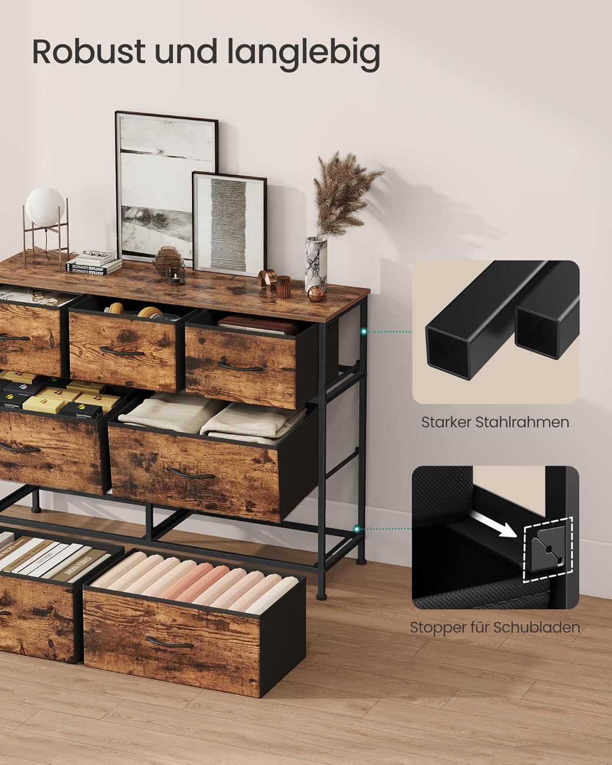 Kommode 7 Schubladen Stoff Schlafzimmer Vintage Braun von Songmics