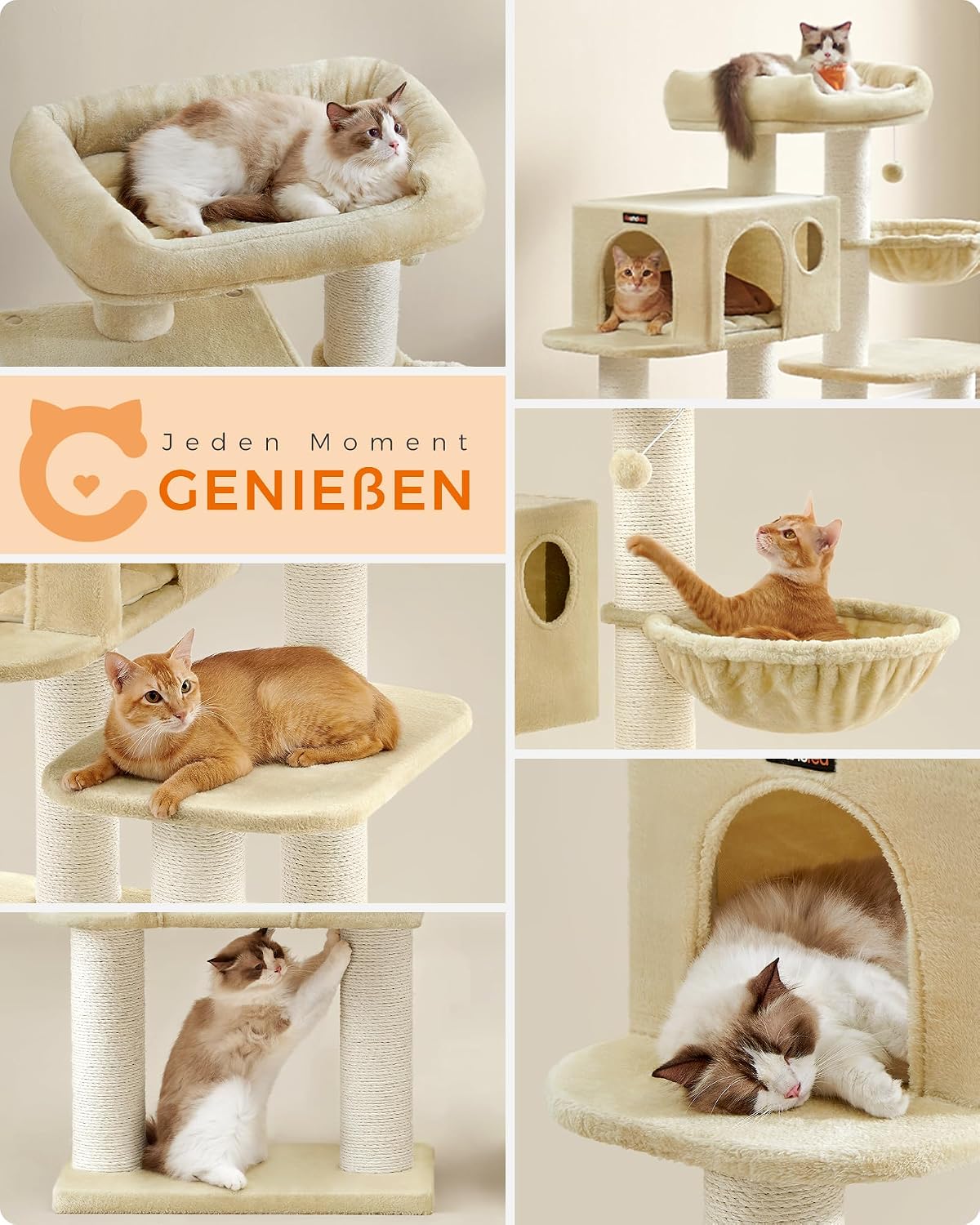 Kratzbaum XXL 112 cm Katzenbaum für grosse Katzen Beige von Songmics