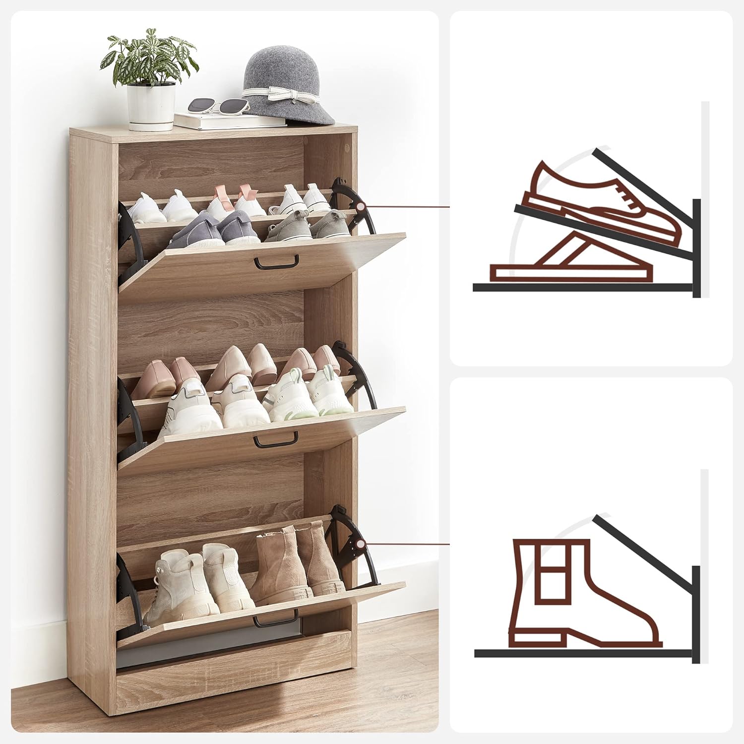 Schuhschrank 3 Klappen Schuhregal 60x24x120 cm Natur von Songmics